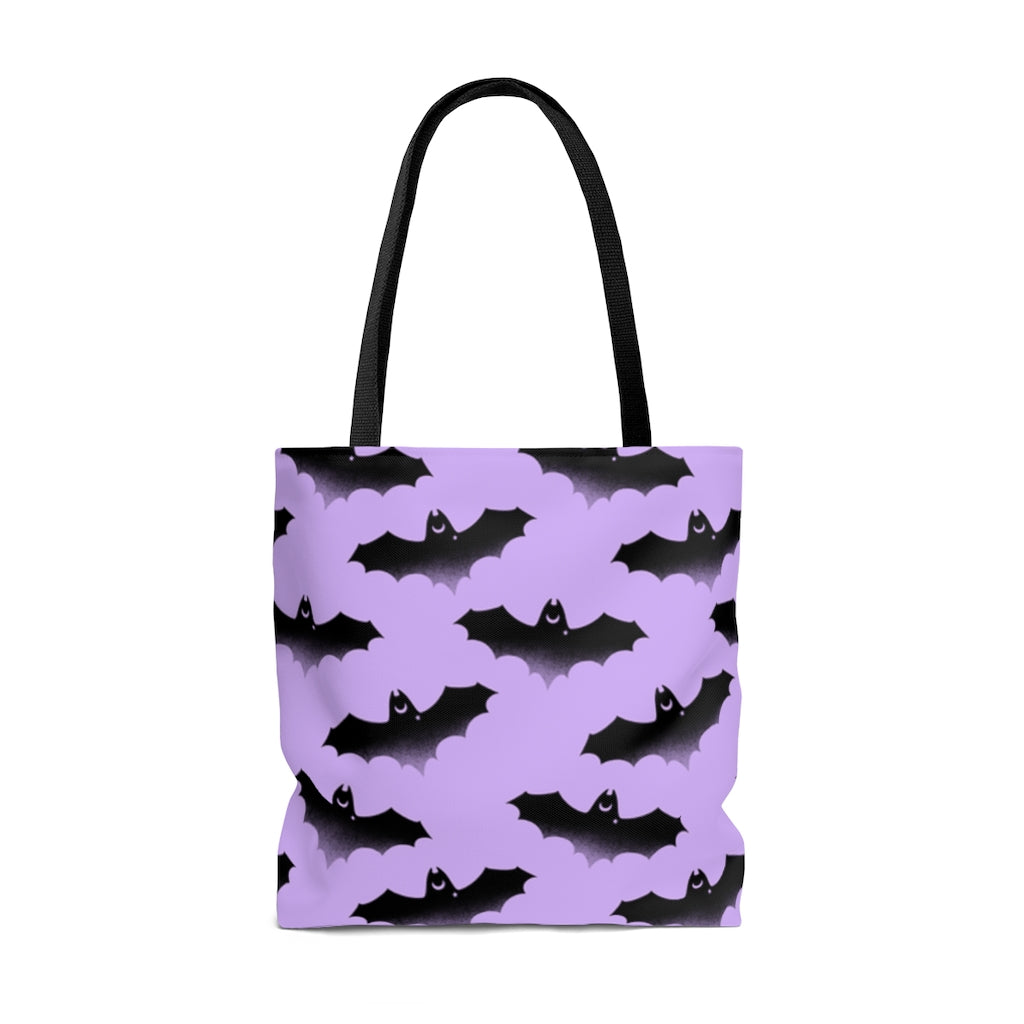 Stylish Morrigan Tote Bag (Black/Purple) featuring a unique bat design, perfect for any outfit or occasion.