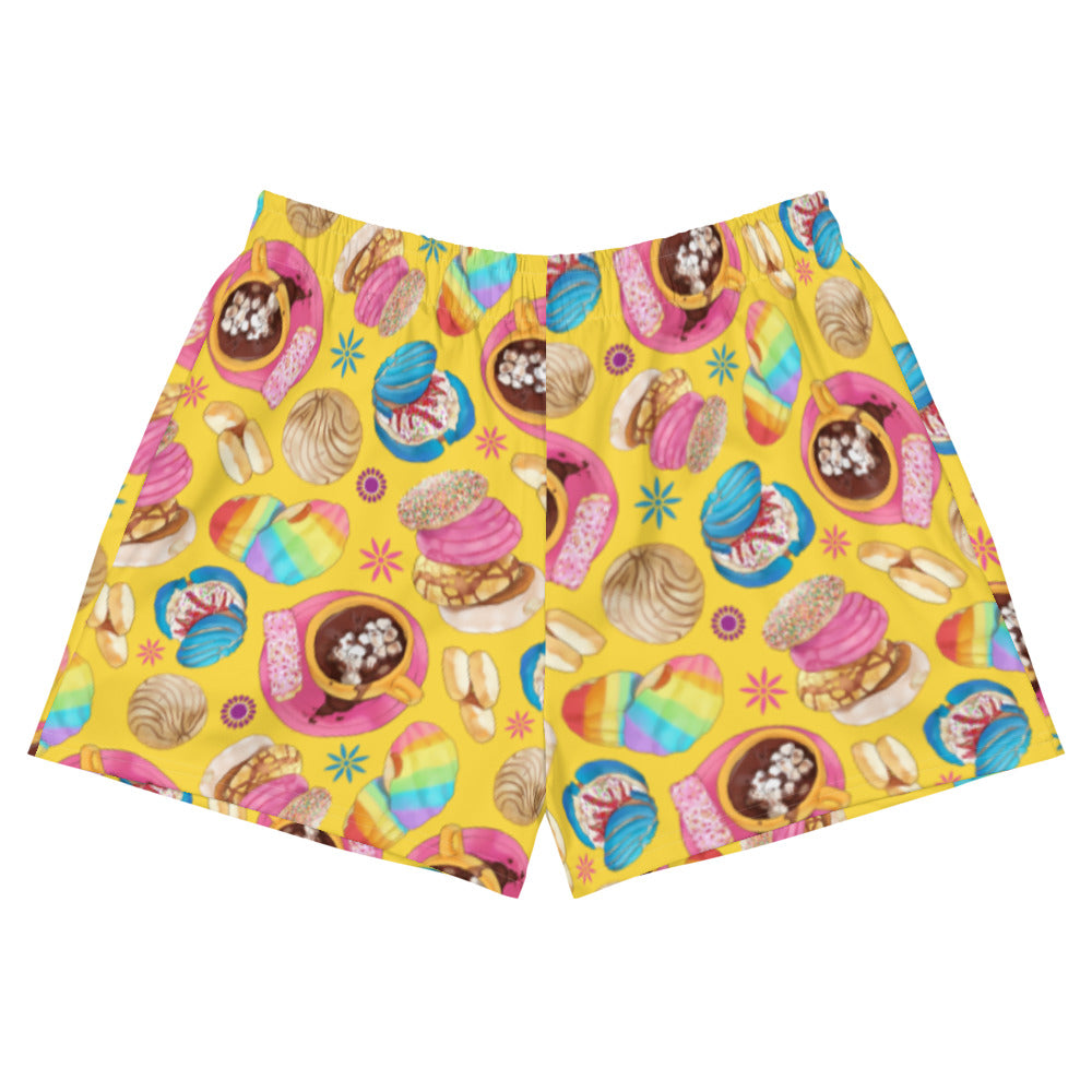 Colorful Pan Dulce Athletic Short Shorts featuring a fun dessert print, perfect for comfort and style.