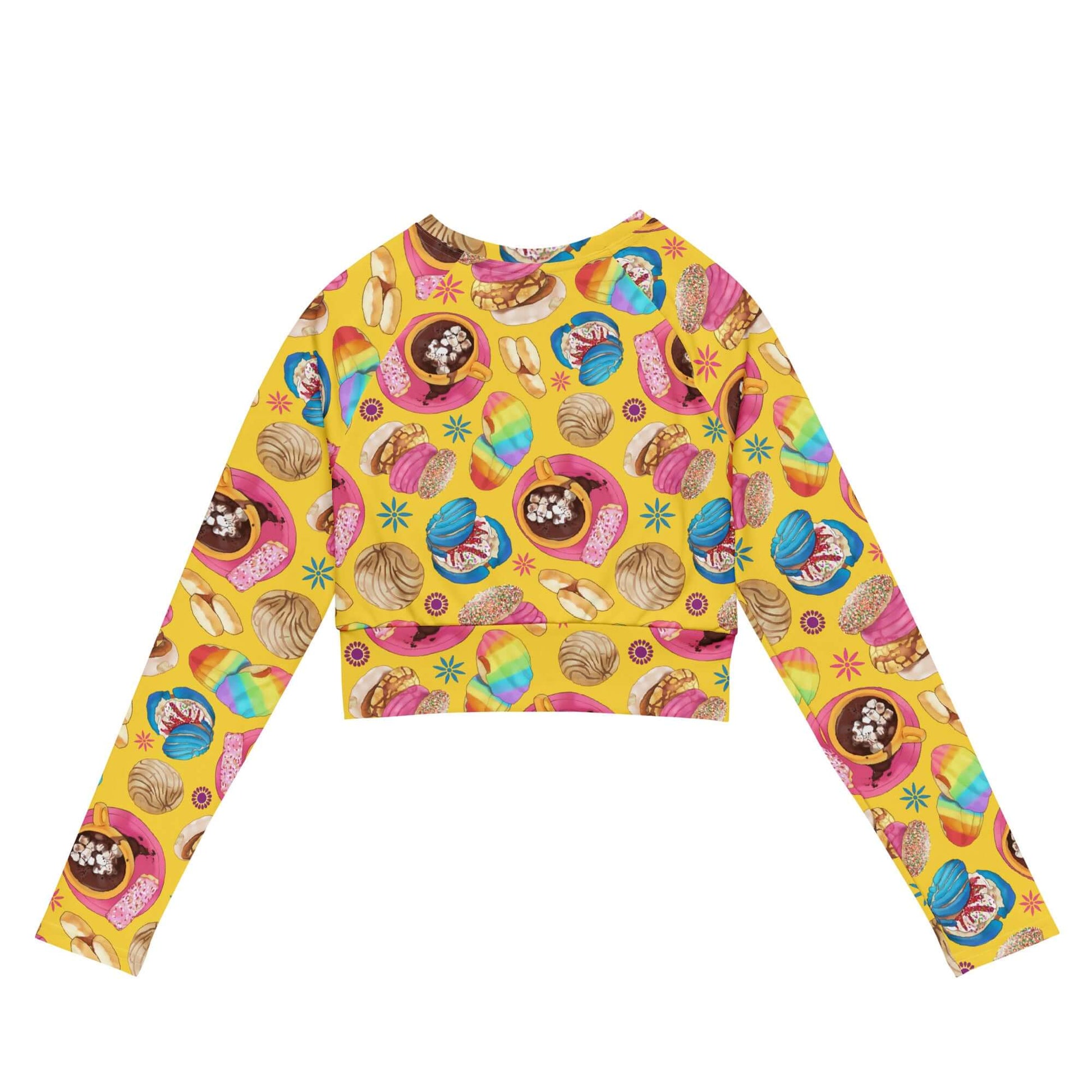 Colorful Pan Dulce Long-sleeved Crop Top featuring a fun pastry print, perfect for eco-friendly athleisure wear.