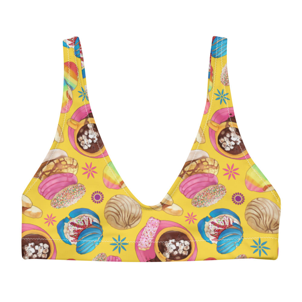 Bright and colorful Pan Dulce Padded Bikini Top features a fun baked goods pattern, perfect for summer days.