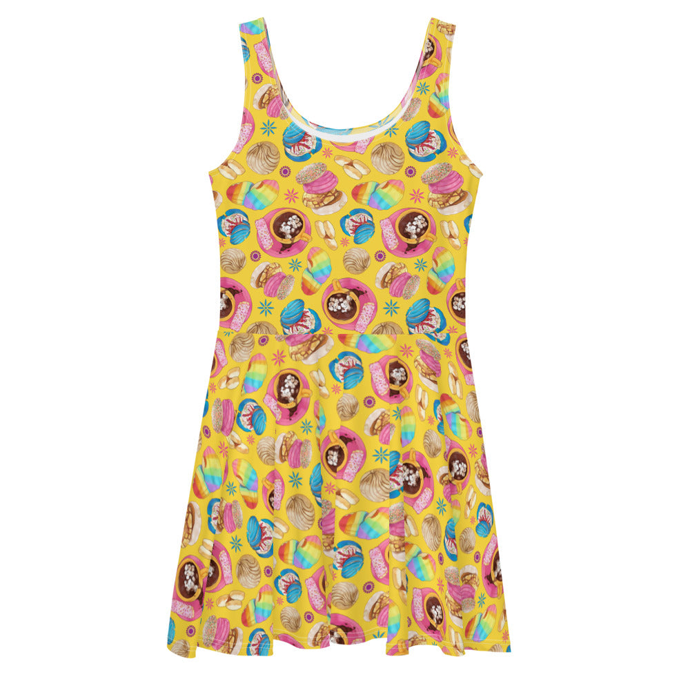Bright and fun Pan Dulce Skater Dress featuring colorful baked goods design, perfect for adding sweetness to any outfit.