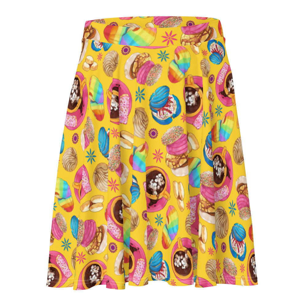 Bright and fun Pan Dulce Skater Skirt, perfect for sunny days and a flattering fit for all body types.