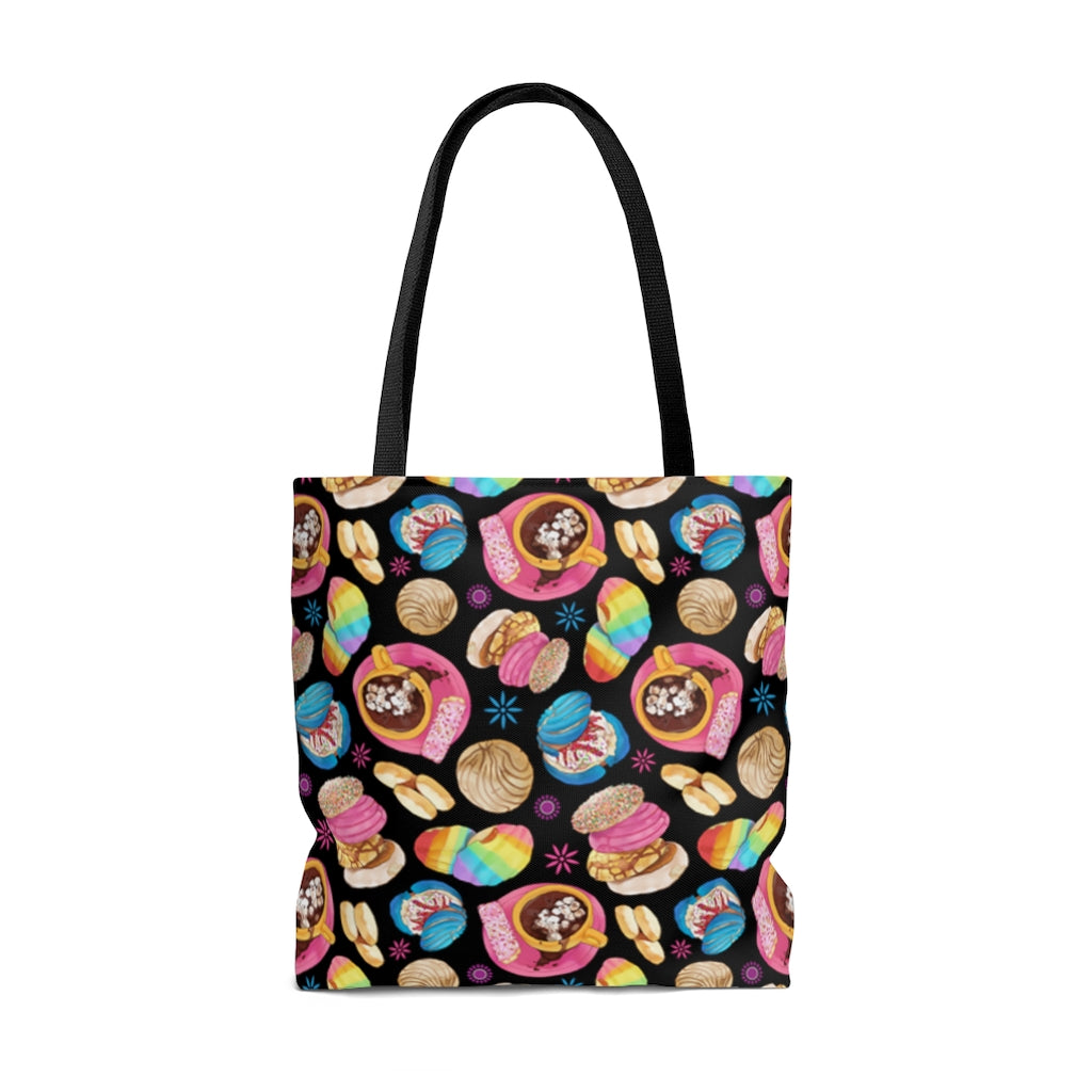 Colorful Pan Dulce Tote Bag (Black) featuring sweet treats design, perfect for stylish outings and everyday use.