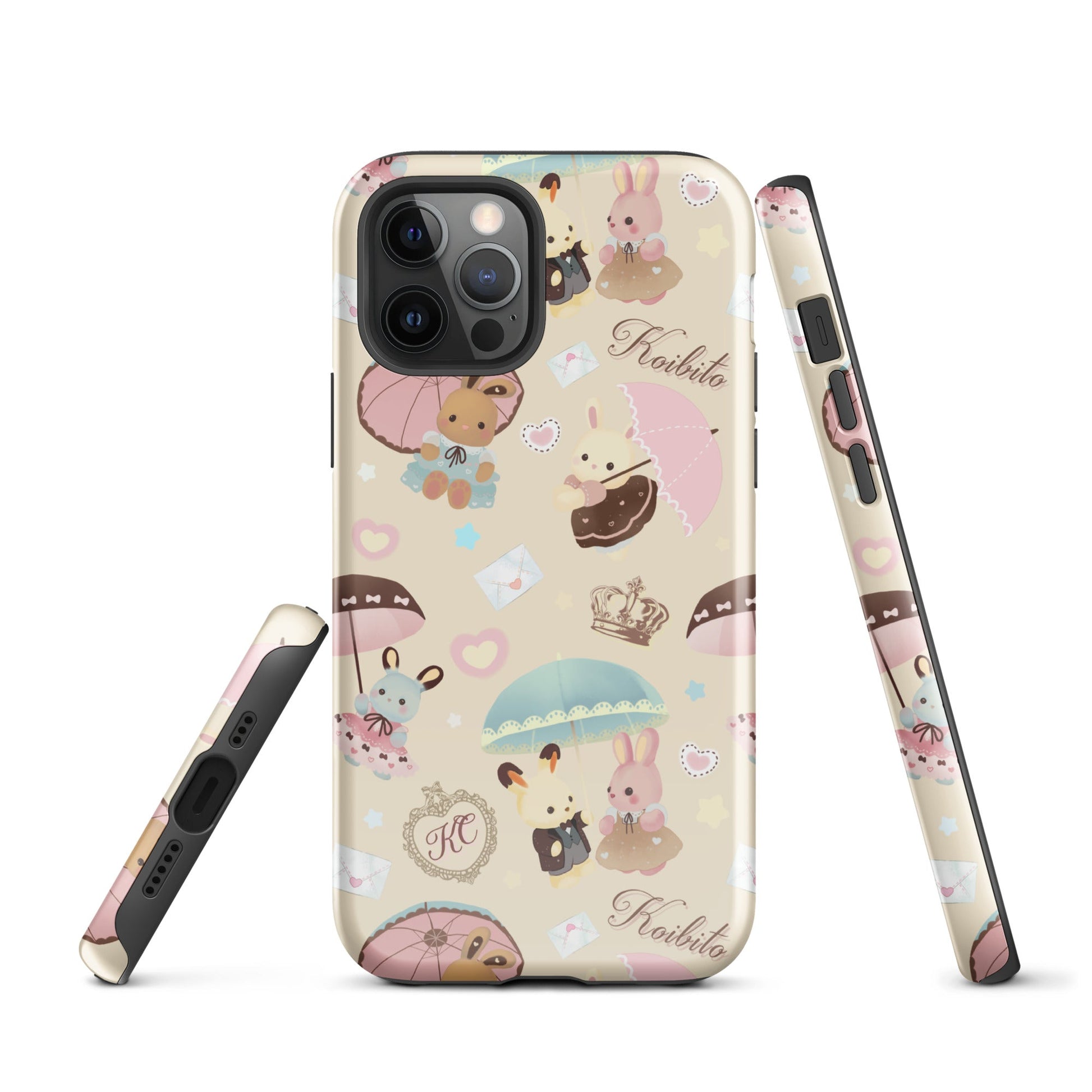 Stylish Parasol Bunny iPhone® Tough Case featuring adorable bunnies and umbrellas for durable phone protection.