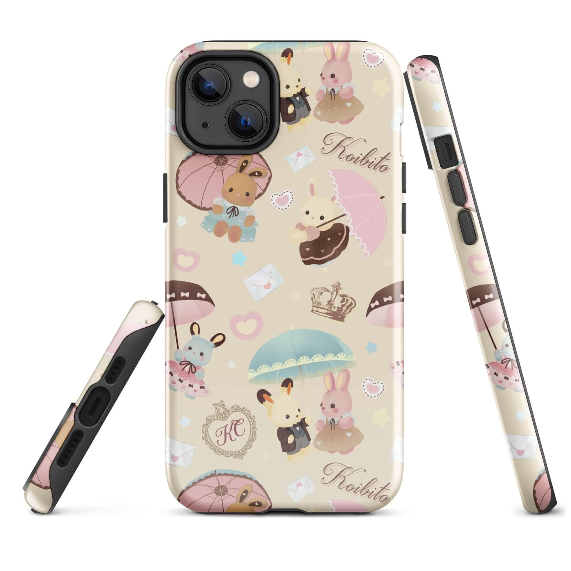 Stylish Parasol Bunny iPhone® Tough Case featuring adorable bunnies and umbrellas, offering durable phone protection.