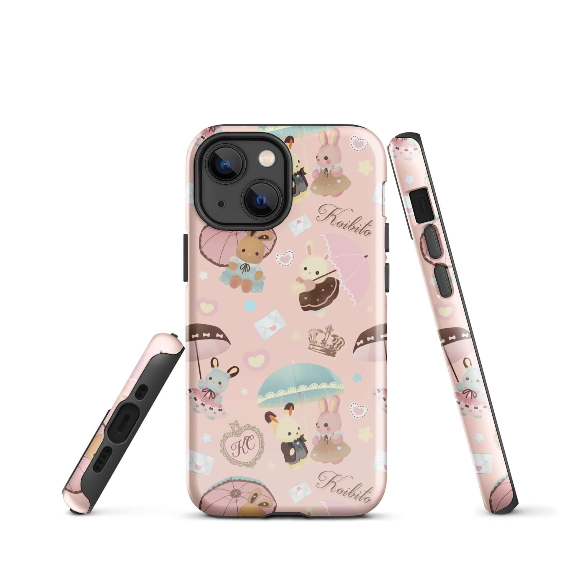 Stylish Parasol Bunny iPhone® Tough Case featuring cute bunnies and umbrellas, perfect for year-round phone protection.