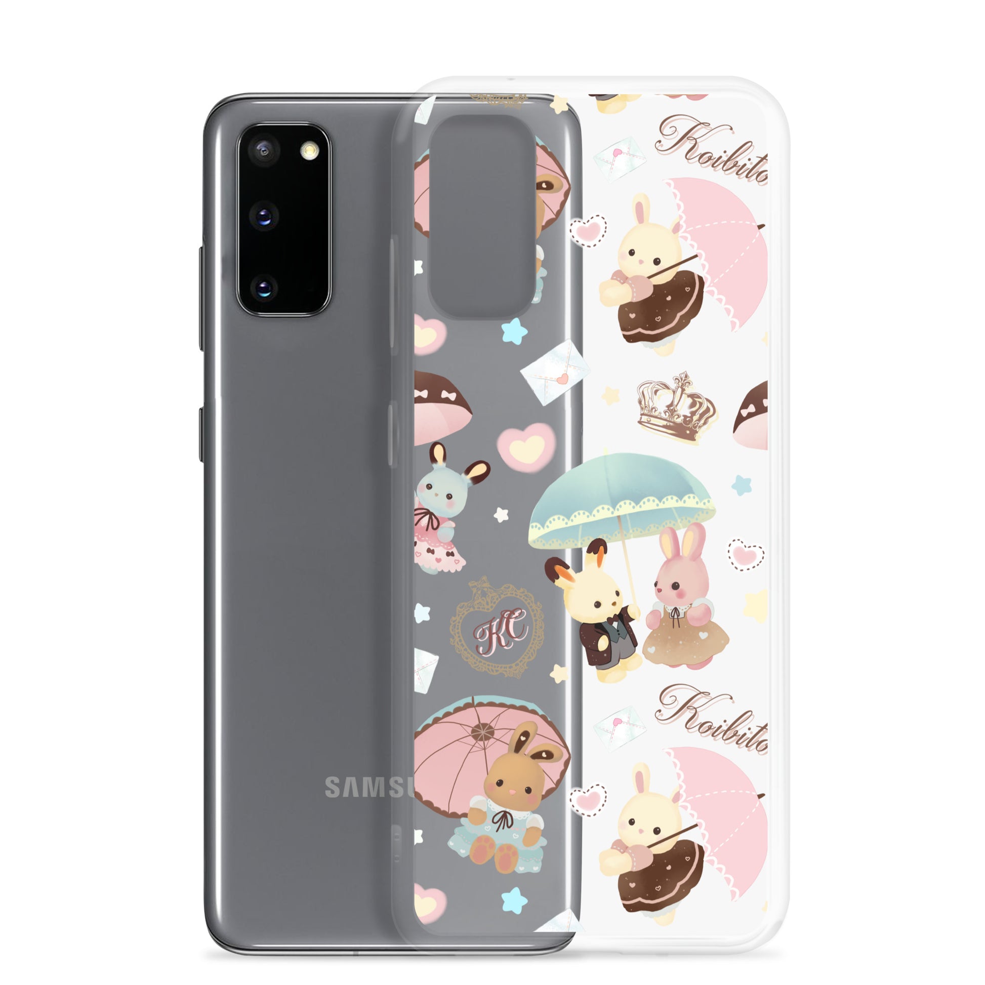 Showcasing the Parasol Bunny Samsung® Clear Case, perfect for adding cuteness while protecting your phone from damage.