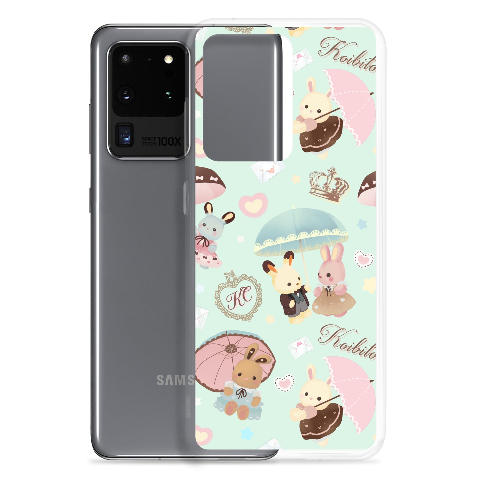 Protect your phone in style with the Parasol Bunny Samsung® Clear Case, featuring adorable bunny and umbrella designs.