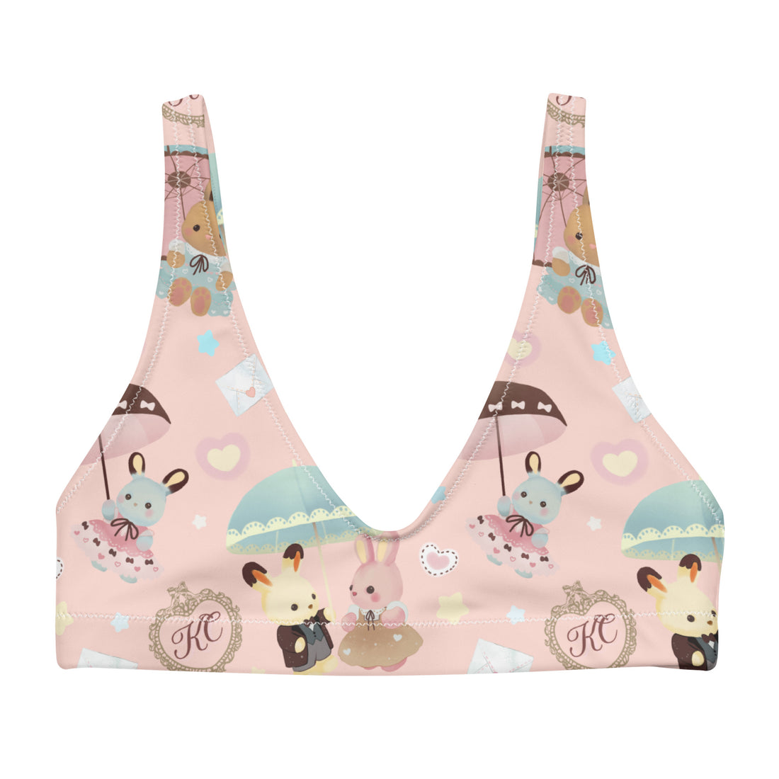 Cute Parasol Bunny Padded Bikini Top featuring adorable bunnies, perfect for workouts or beach days this season.