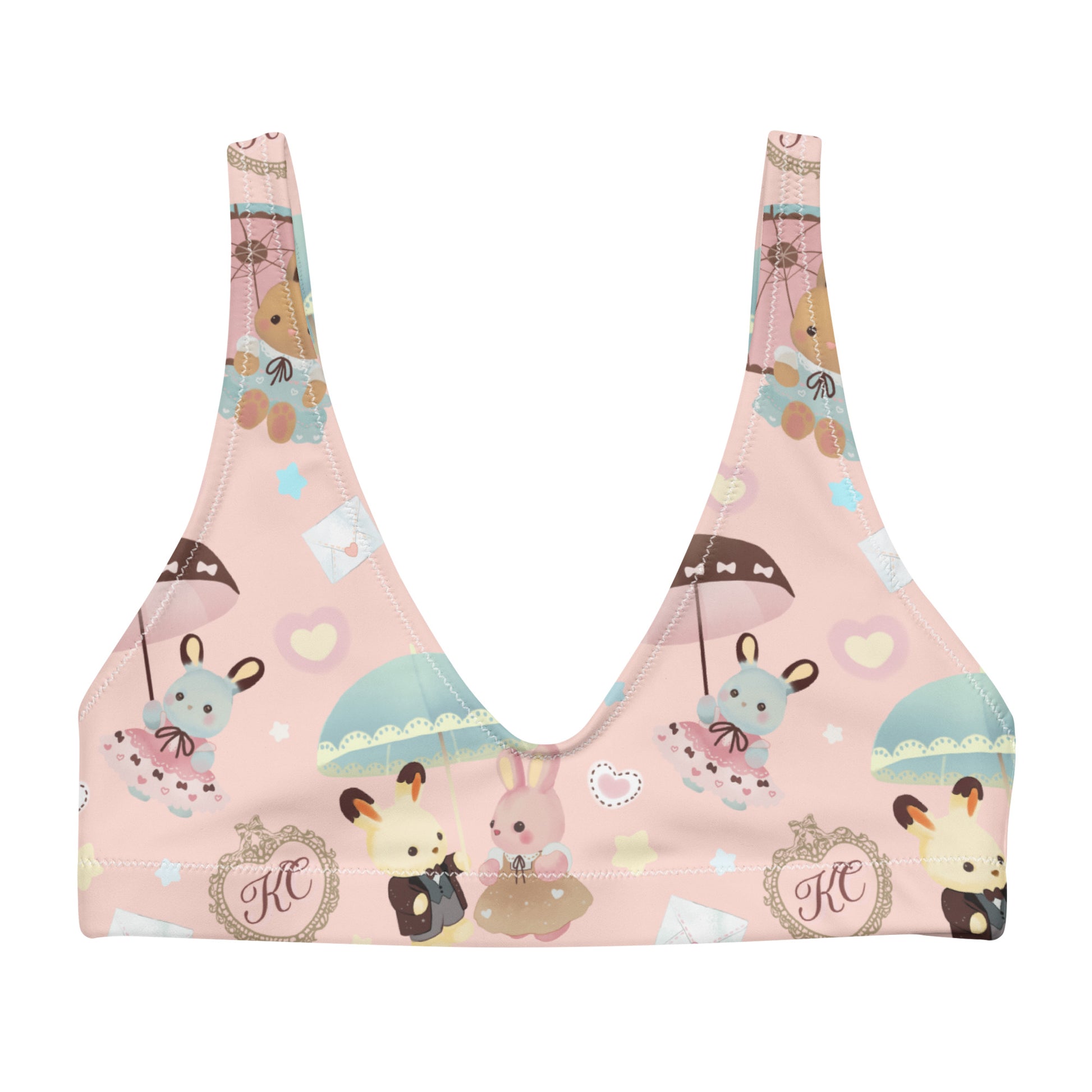Cute Parasol Bunny Padded Bikini Top featuring adorable bunnies, perfect for workouts or beach days this season.