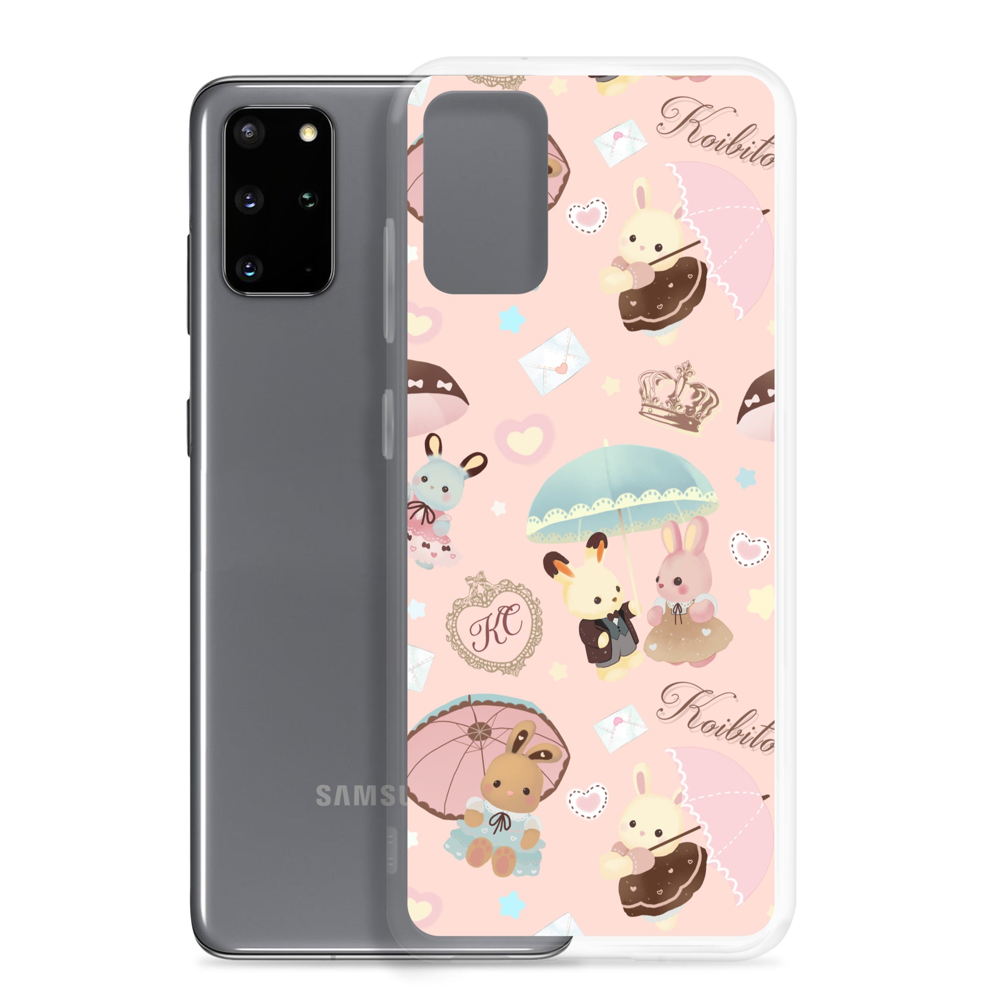Cute Parasol Bunny Samsung® Clear Case showcasing adorable bunnies and parasols, perfect for kawaii style enthusiasts.