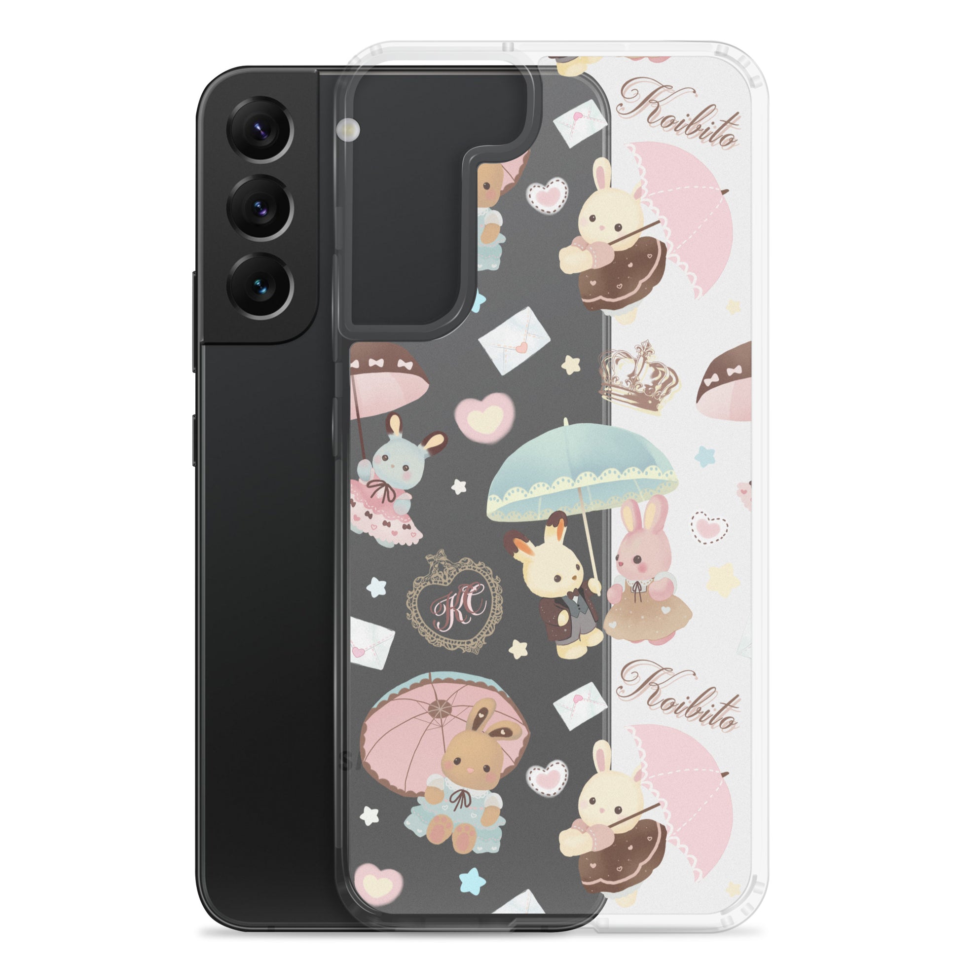 Cute Parasol Bunny Samsung® Clear Case featuring adorable bunnies and umbrellas, perfect for kawaii fashion lovers.