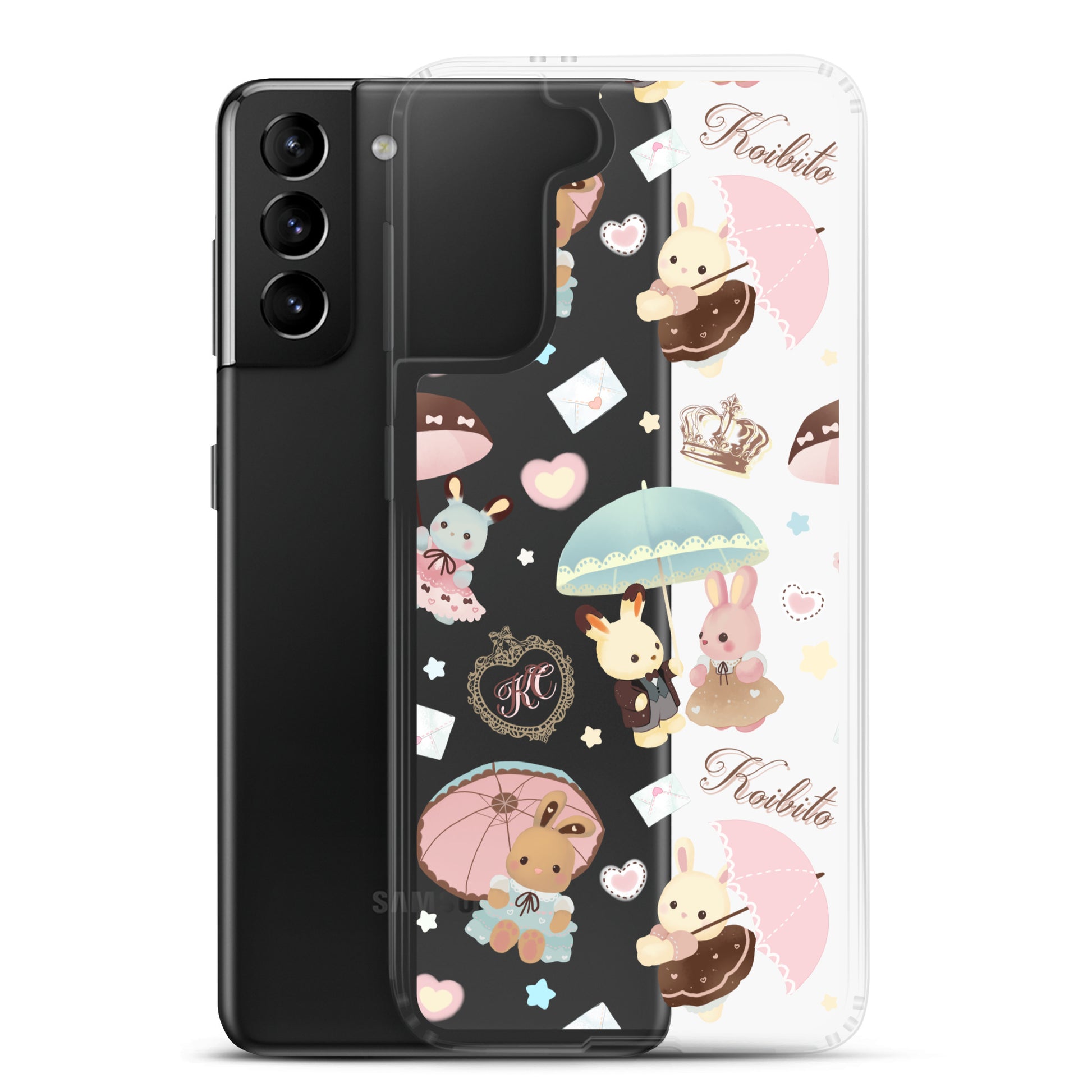 Stylish Parasol Bunny Samsung® Clear Case featuring cute bunnies and umbrellas, perfect for kawaii fashion lovers.