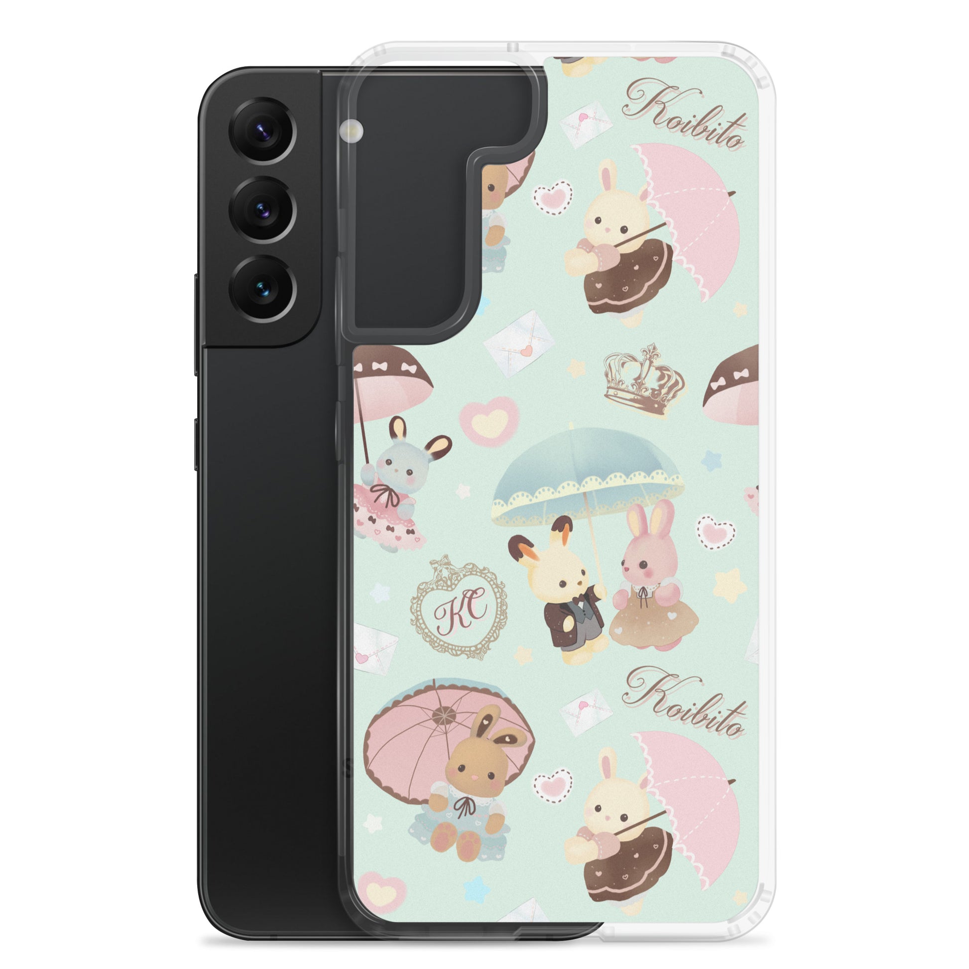 Cute Parasol Bunny Samsung® Clear Case featuring adorable bunnies and umbrellas, perfect for kawaii fashion lovers.