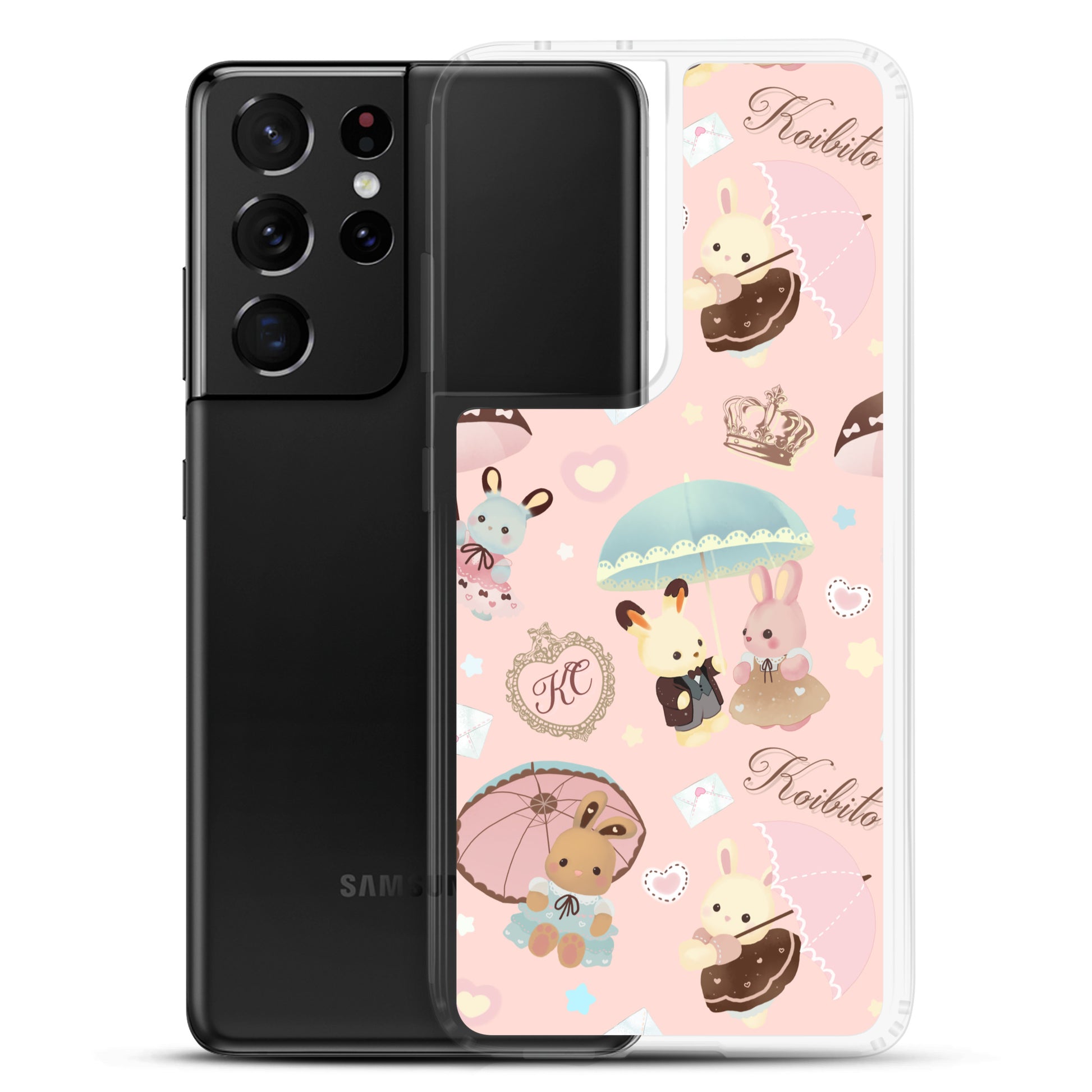 Parasol Bunny Samsung® Clear Case showcases adorable bunnies and umbrellas, perfect for stylish protection and cheer.