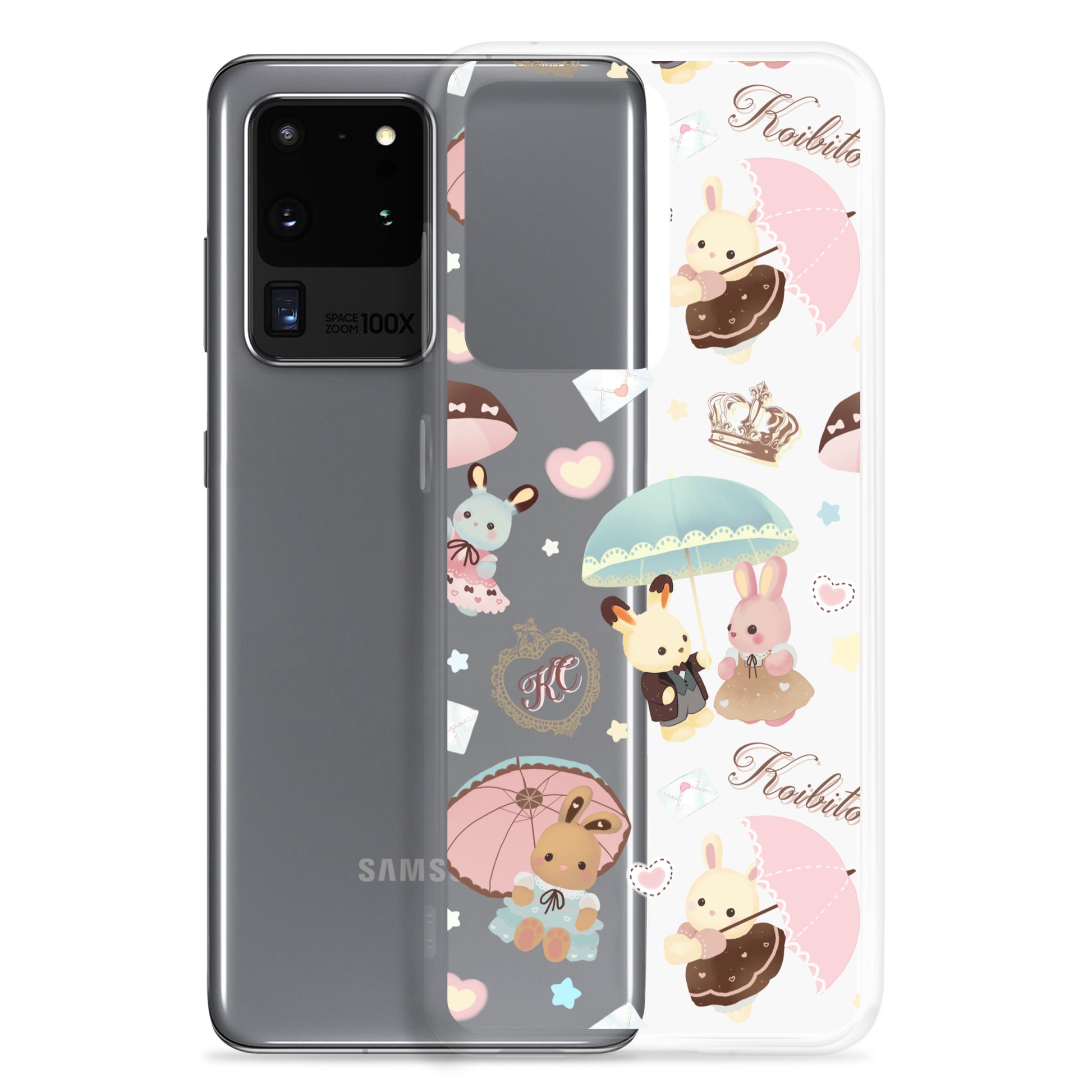 Cute Parasol Bunny Samsung® Clear Case featuring adorable bunnies and umbrellas, perfect for kawaii style lovers.