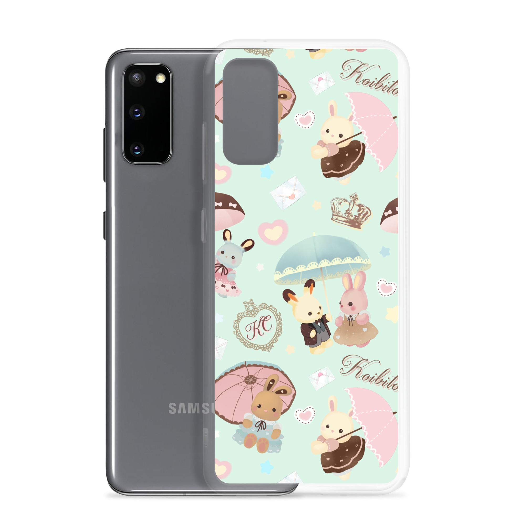 Protect your phone in style with the Parasol Bunny Samsung® Clear Case, featuring adorable bunny and umbrella designs.