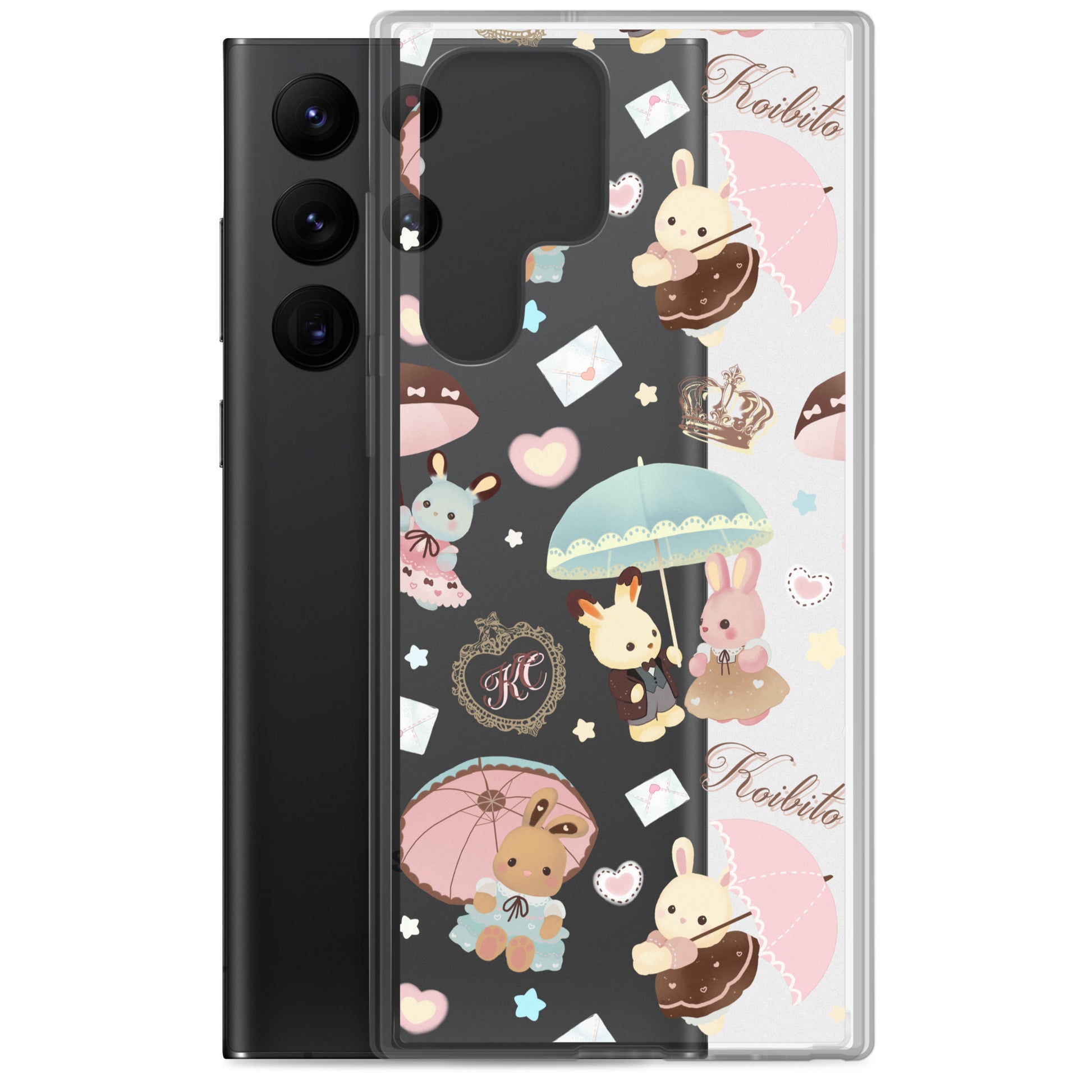 Stylish Parasol Bunny Samsung® Clear Case featuring cute bunnies and umbrellas, perfect for kawaii lovers.