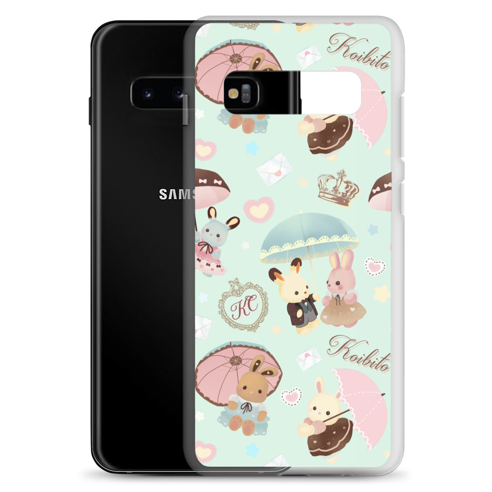 Stylish Parasol Bunny Samsung® Clear Case featuring cute bunnies and pastel umbrellas, perfect for kawaii fashion lovers.