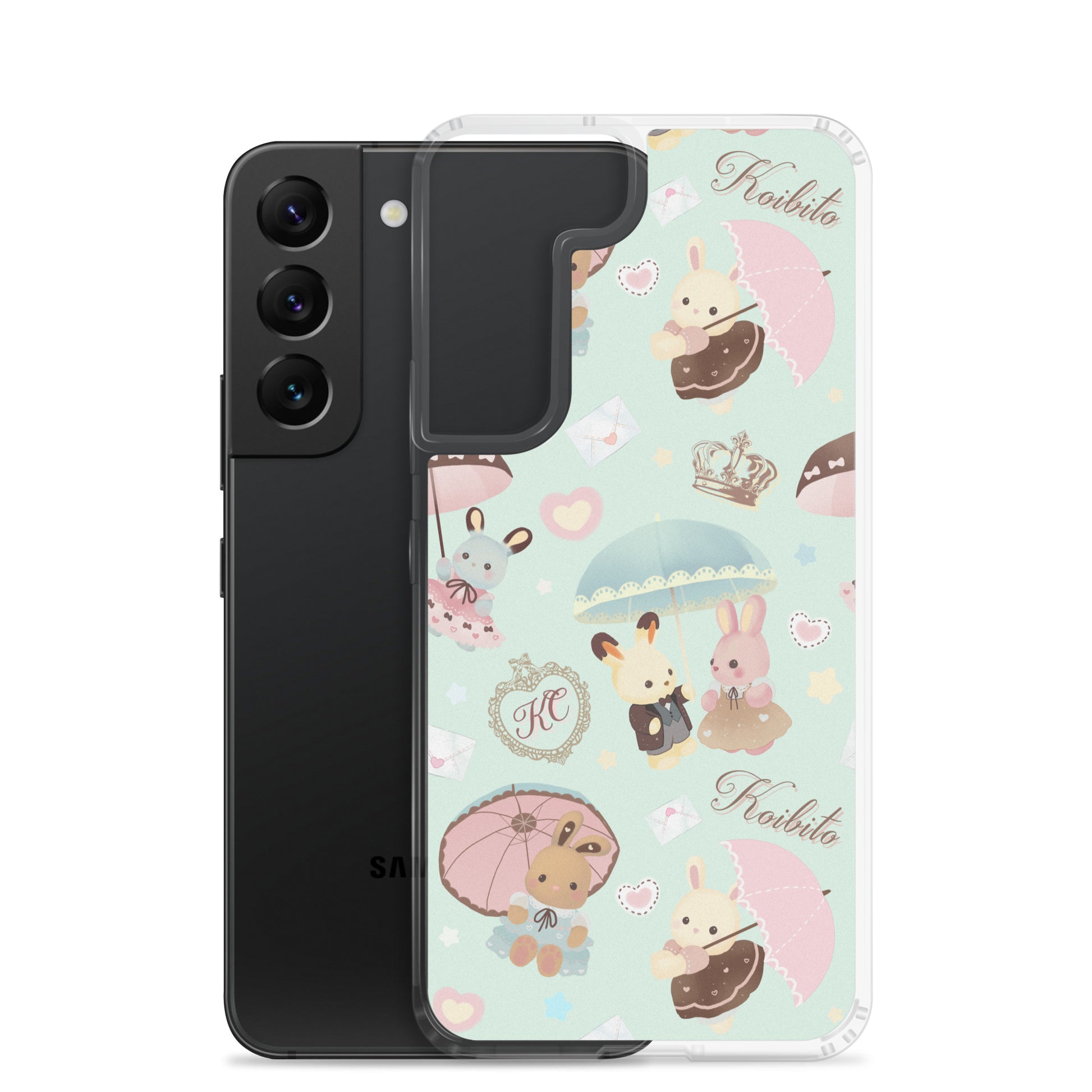 Parasol Bunny Samsung® Clear Case featuring adorable bunnies and pastel colors, perfect for a cute style.