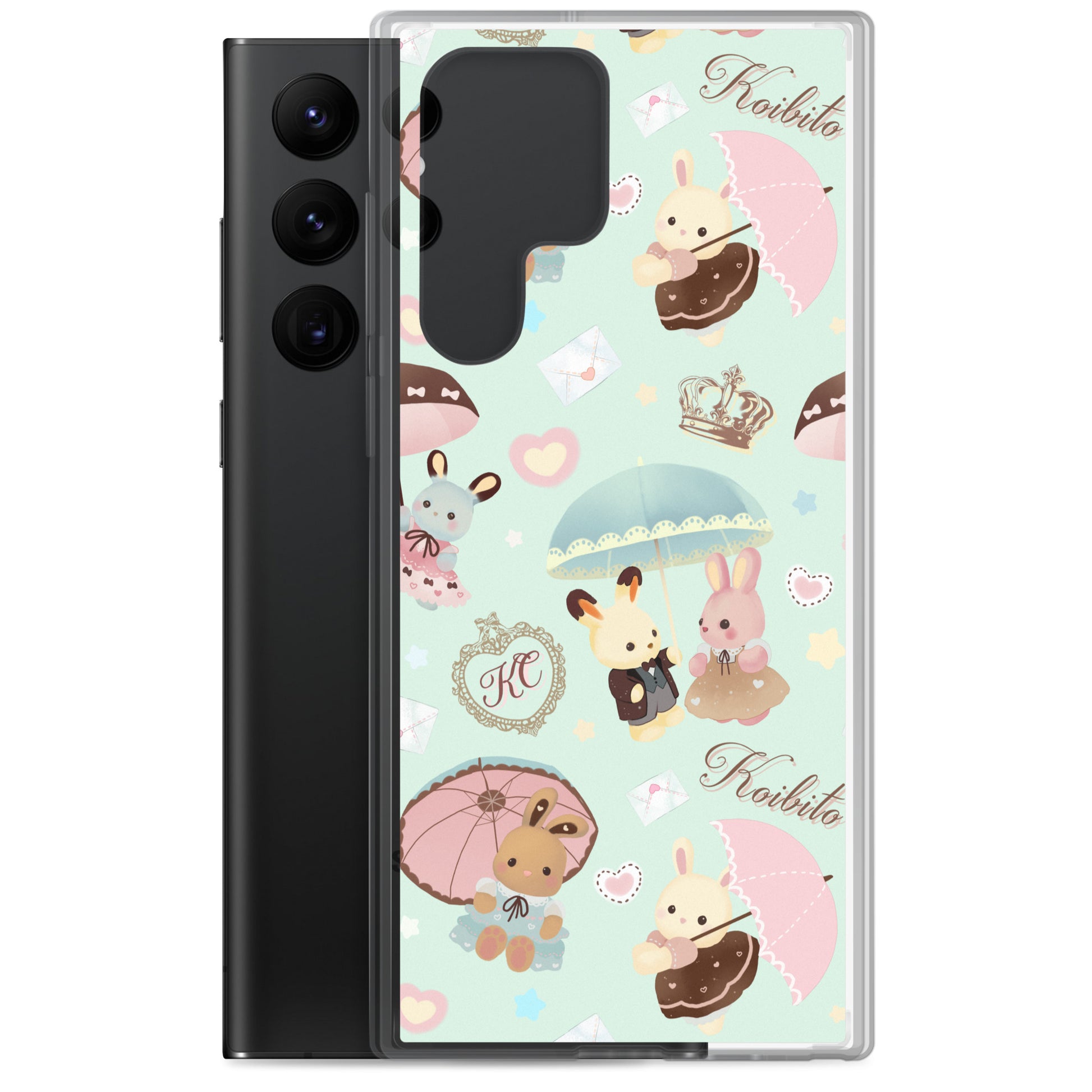Stylish Parasol Bunny Samsung® Clear Case featuring adorable bunnies and umbrellas, perfect for kawaii lovers.