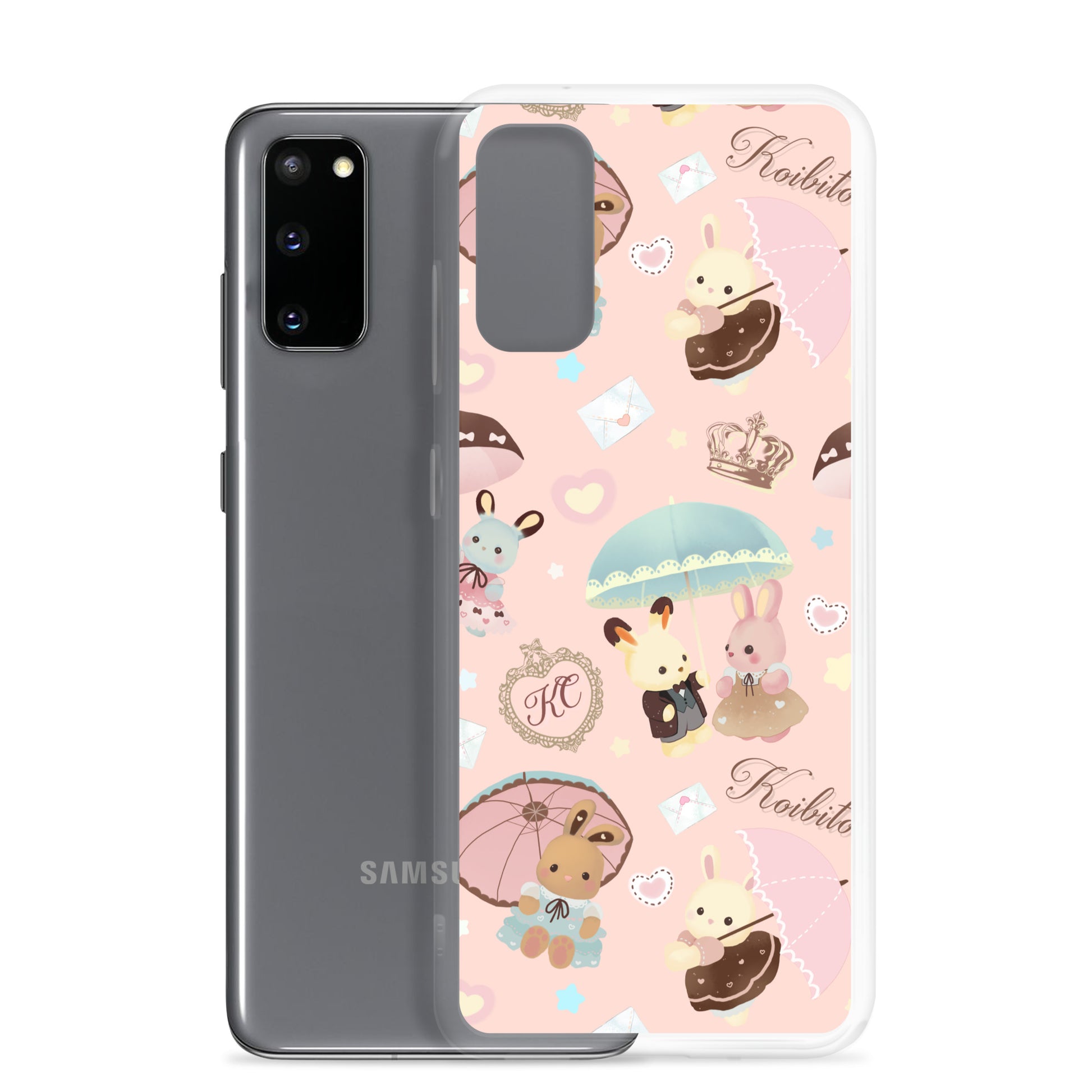 Colorful Parasol Bunny Samsung® Clear Case featuring adorable bunnies and umbrellas, perfect for kawaii style lovers.