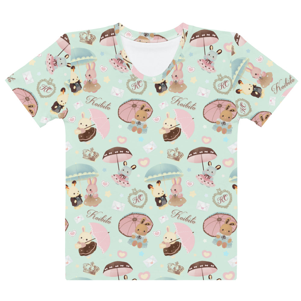 Brighten your spring wardrobe with the Parasol Bunny T-shirt, featuring adorable bunnies and pastel colors.