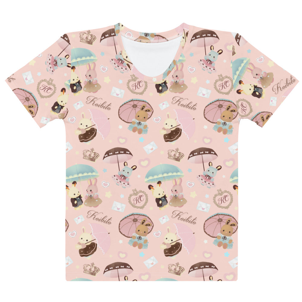Kawaii Parasol Bunny T-shirt featuring adorable bunnies and umbrellas, perfect for spring tea parties and casual wear.