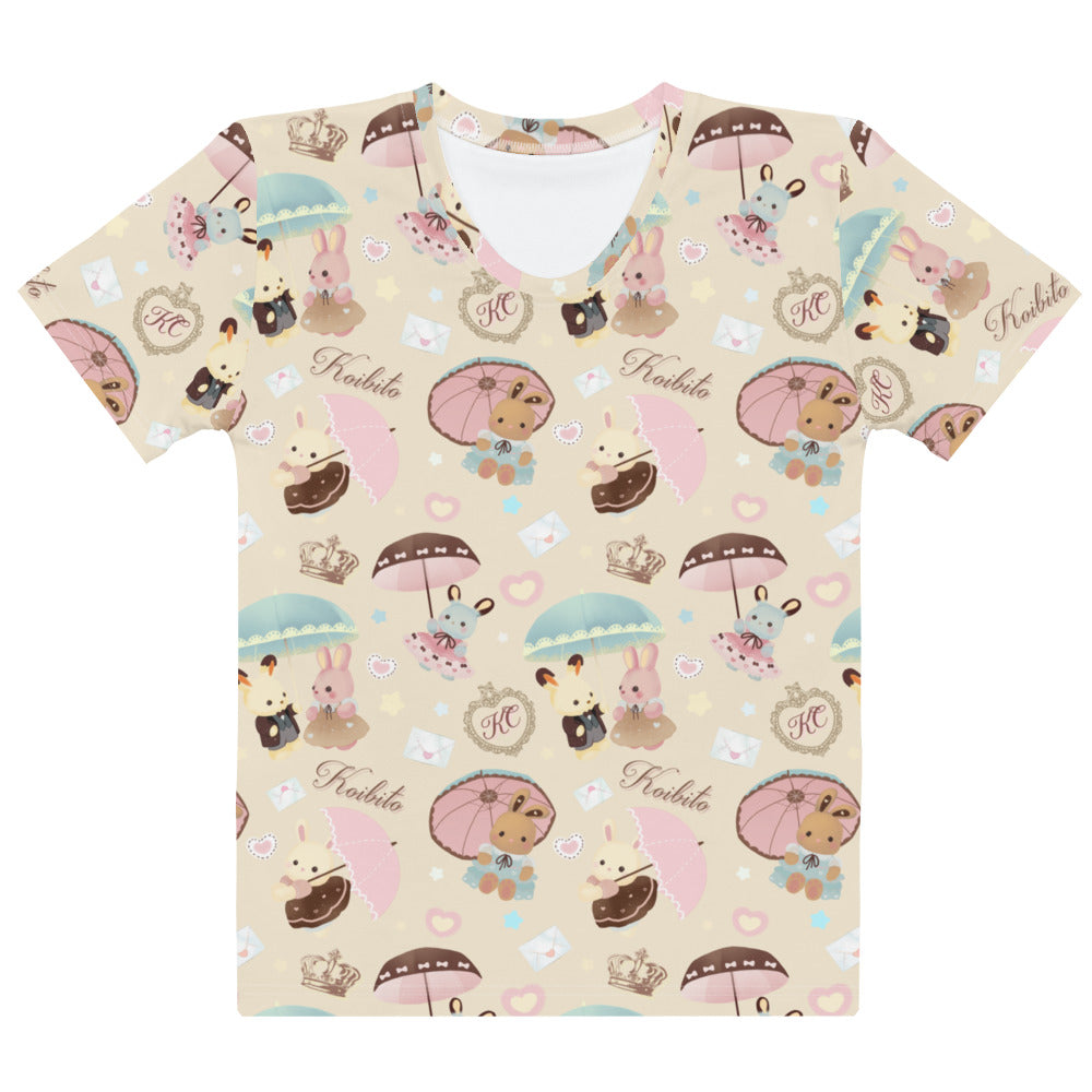 Brighten your spring wardrobe with the Parasol Bunny T-shirt featuring adorable bunnies and pastel colors, perfect for tea parties.