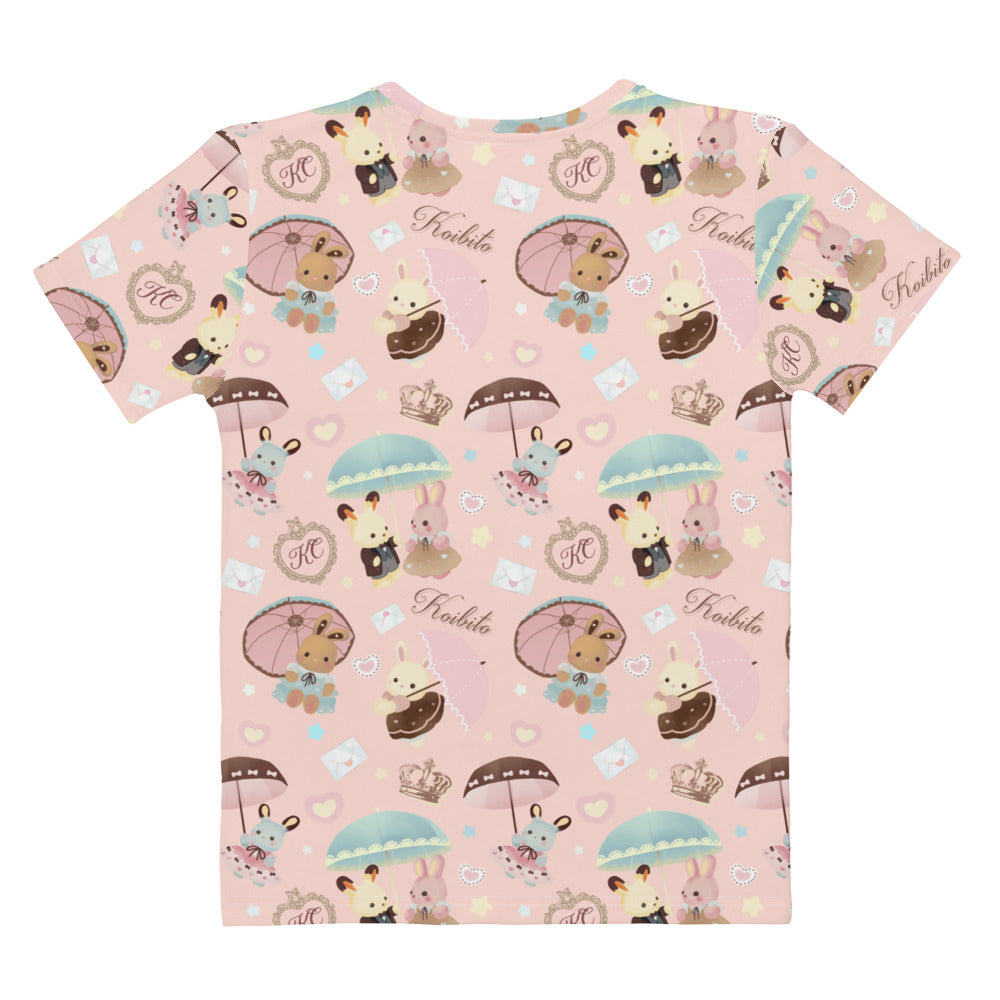 Cute pink Parasol Bunny T-shirt featuring adorable bunnies and umbrellas, perfect for spring tea parties.