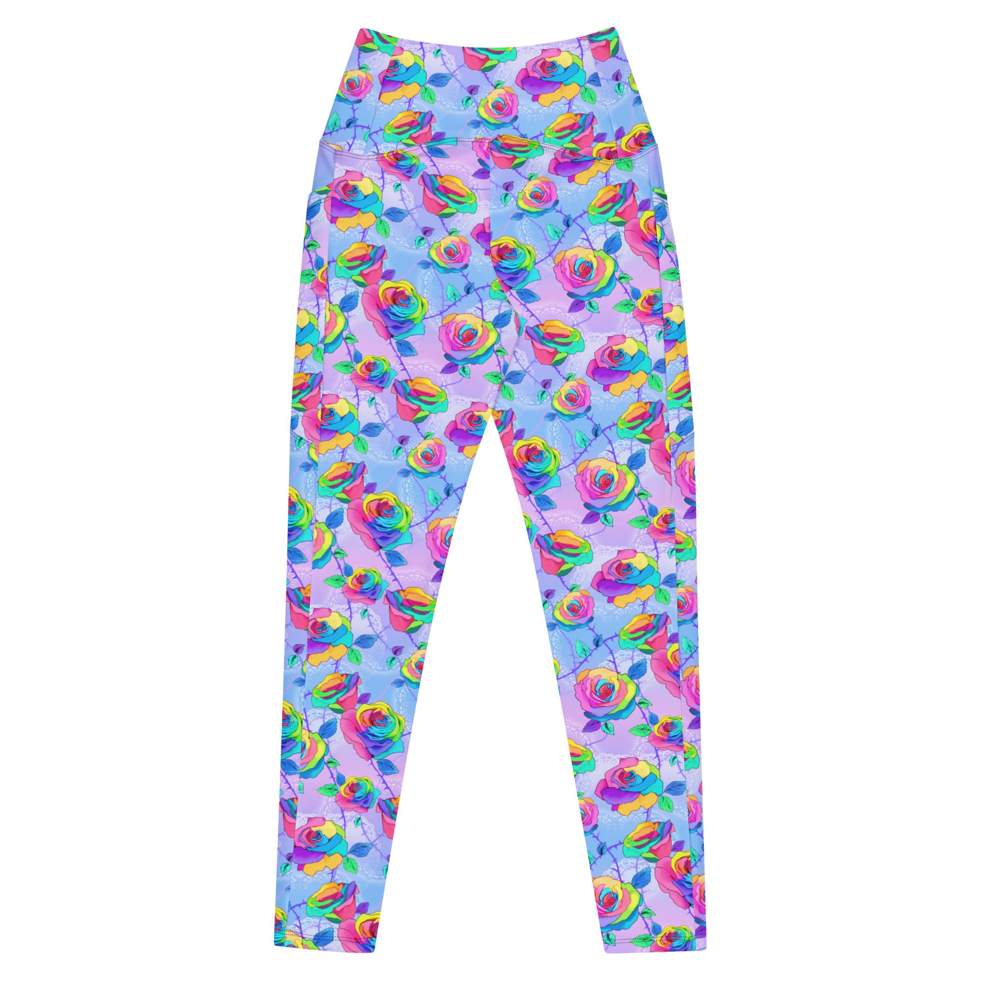Stylish Premium Enchanted Rose Leggings with vibrant floral design, high-waisted fit, and practical side pockets.
