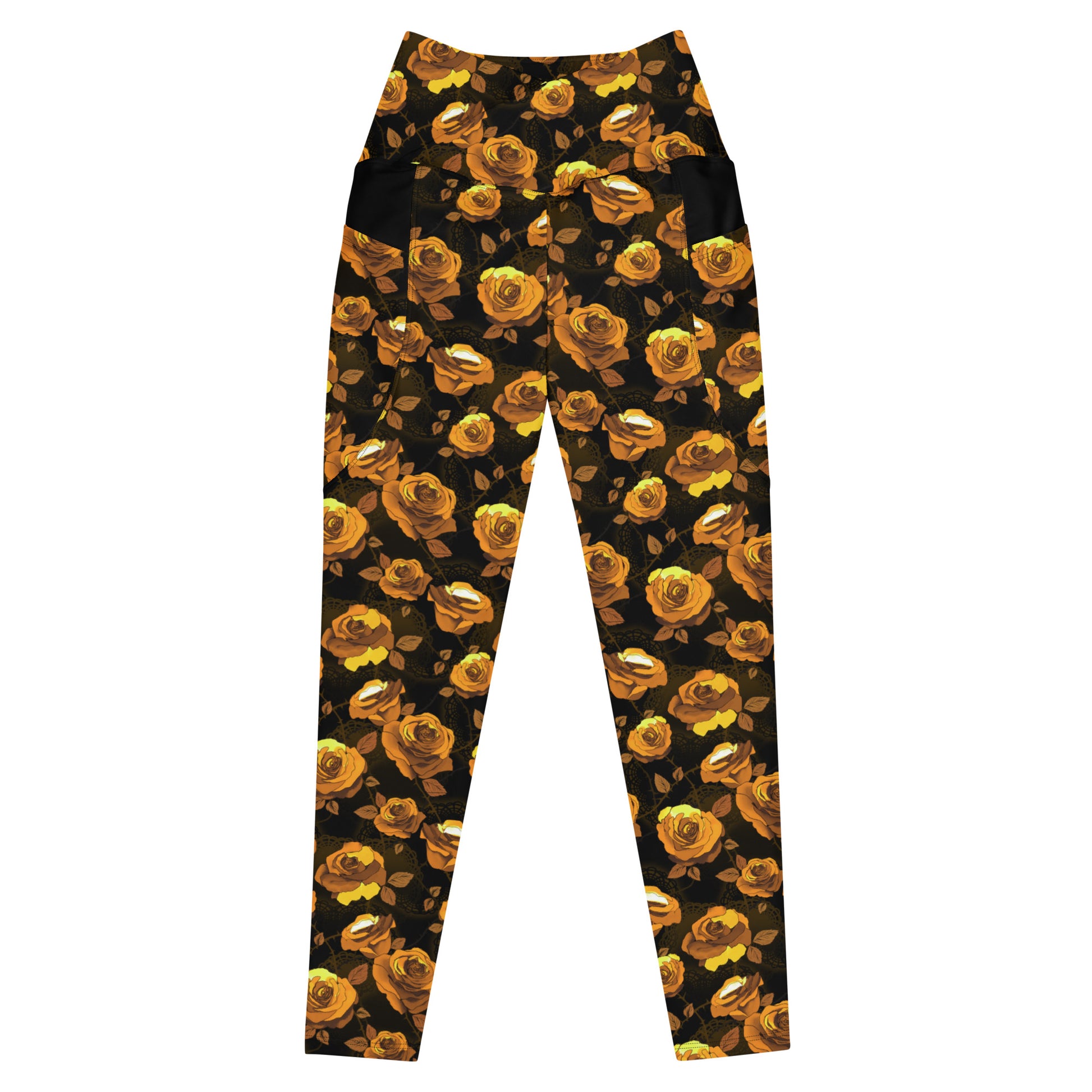Stylish Premium Enchanted Rose Leggings featuring elegant rose prints, high-waisted cut, and practical side pockets.