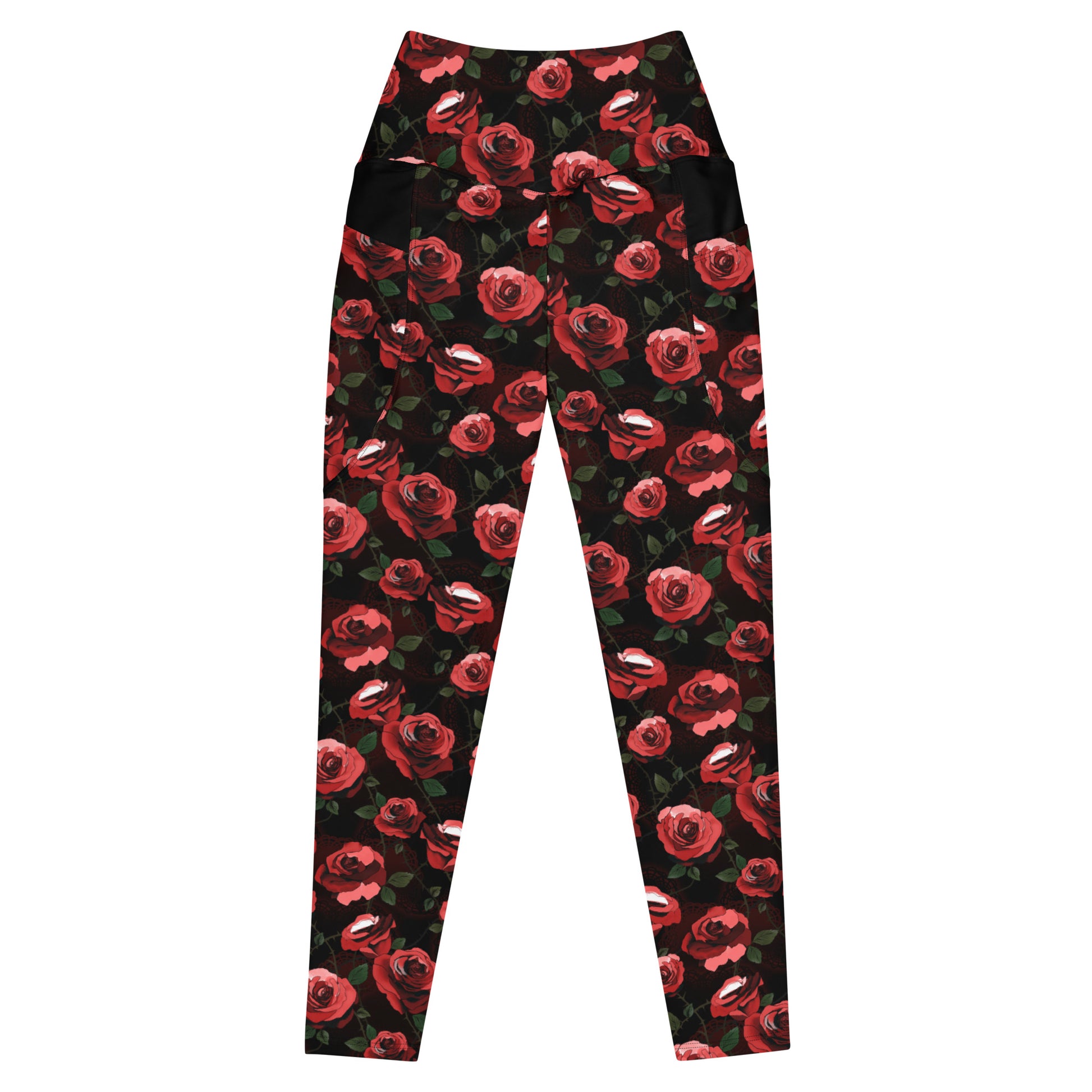 Premium Enchanted Rose Leggings showcase elegant rose prints, high-waisted comfort, and convenient side pockets.