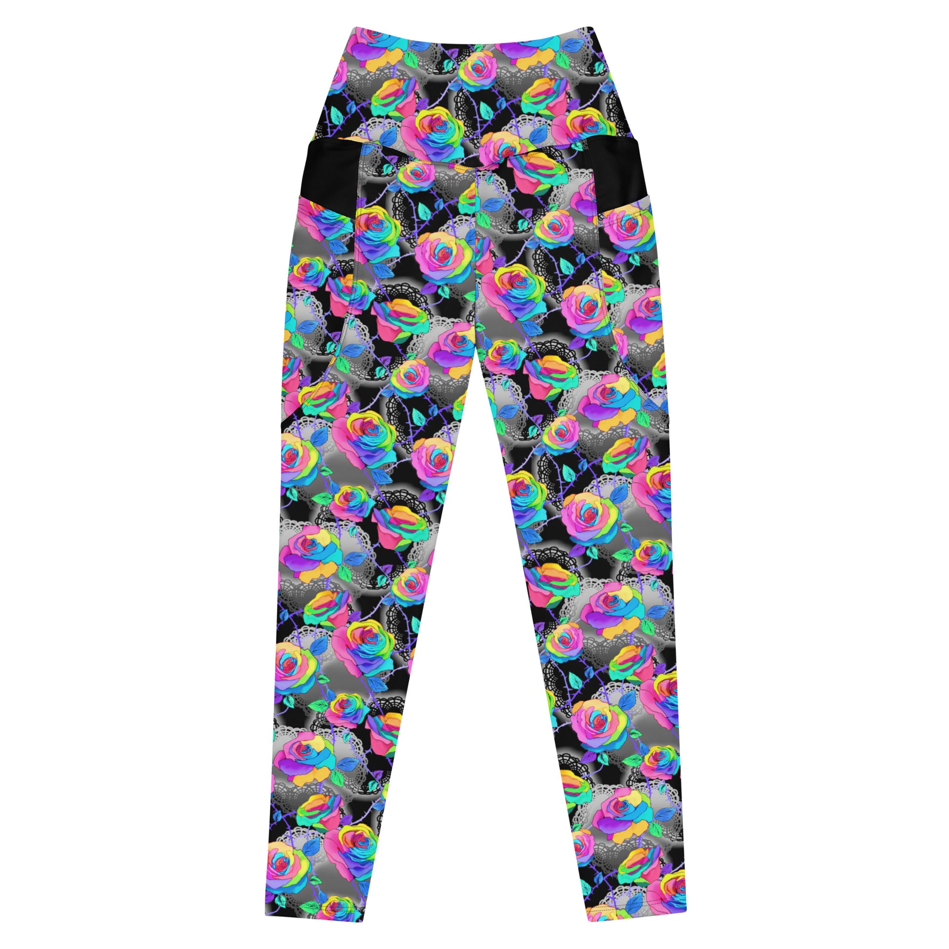 Premium Enchanted Rose Leggings feature vibrant rose designs, high-waisted cut, and convenient side pockets for comfort.
