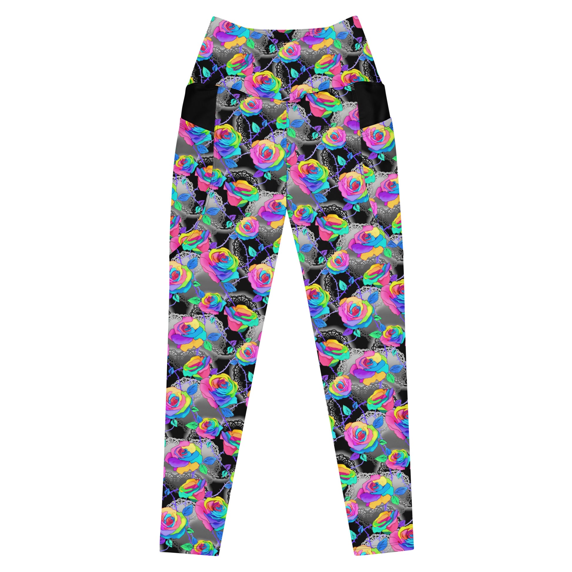 Stylish Premium Enchanted Rose Leggings with vibrant floral design, high-waisted cut, and practical side pockets.