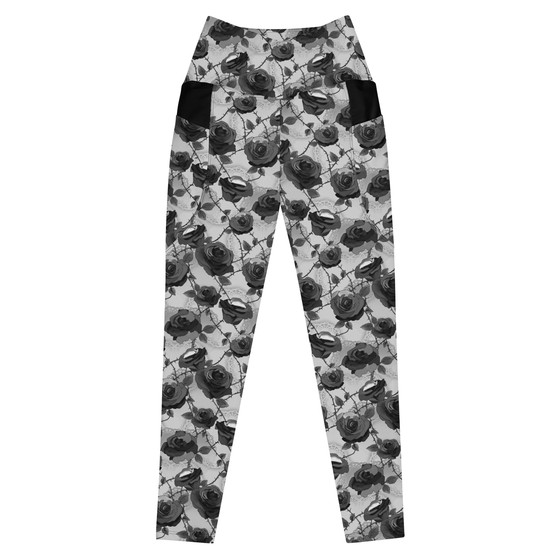 Stylish Premium Enchanted Rose Leggings with elegant rose pattern, high-waisted cut, and practical side pockets.