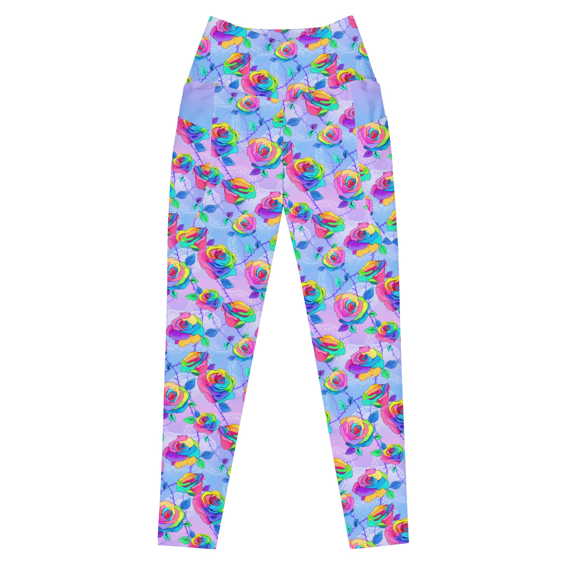 Stylish Premium Enchanted Rose Leggings featuring vibrant rose patterns and practical side pockets for comfort and flair.