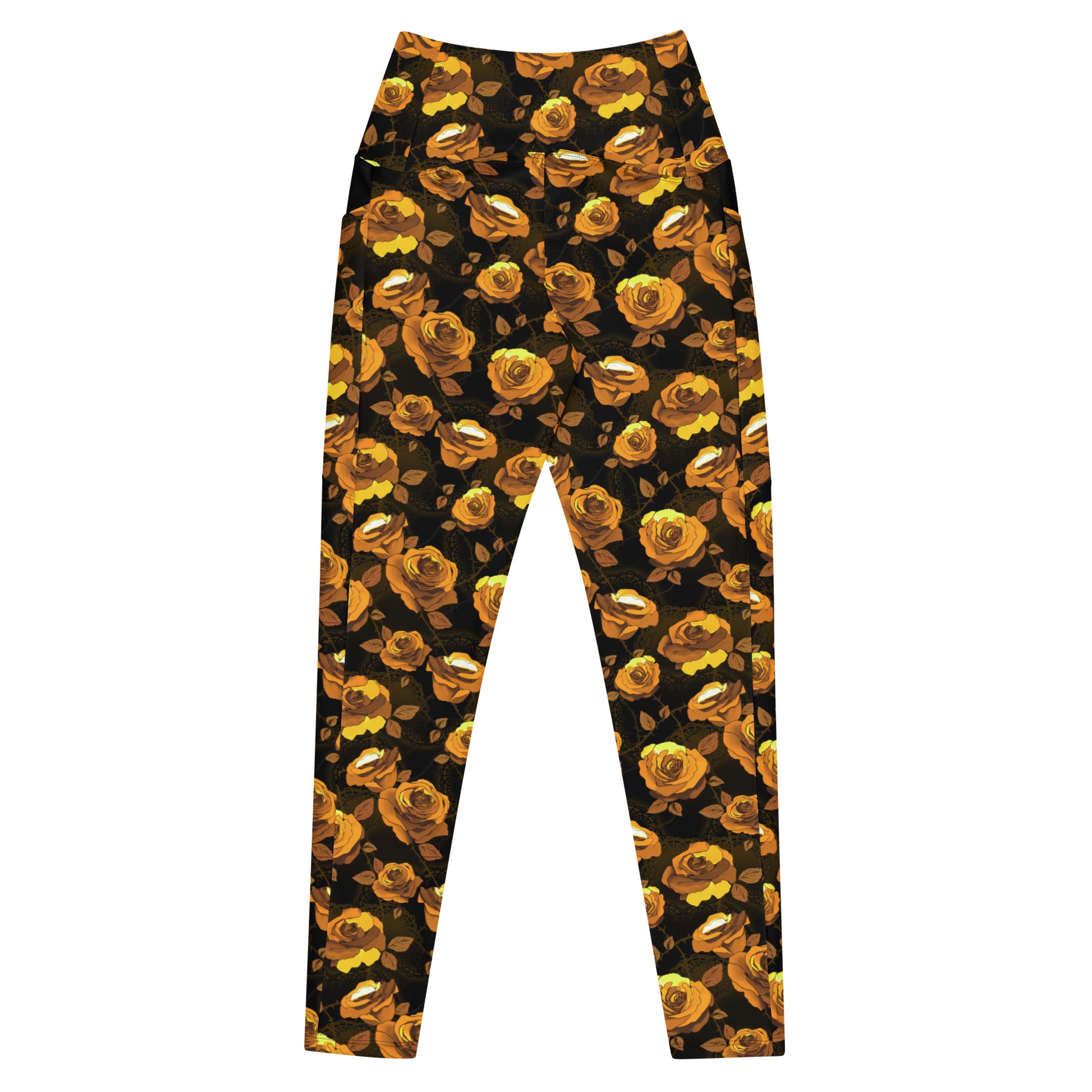 Stylish Premium Enchanted Rose Leggings with high-waisted design and pockets, perfect for comfort and elegance.