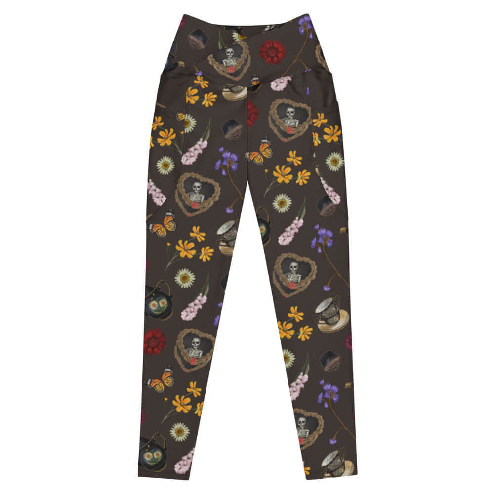 Wrap your legs in style with Premium Gothic Tea Time Leggings, featuring floral and tea-themed designs for every goth goddess.