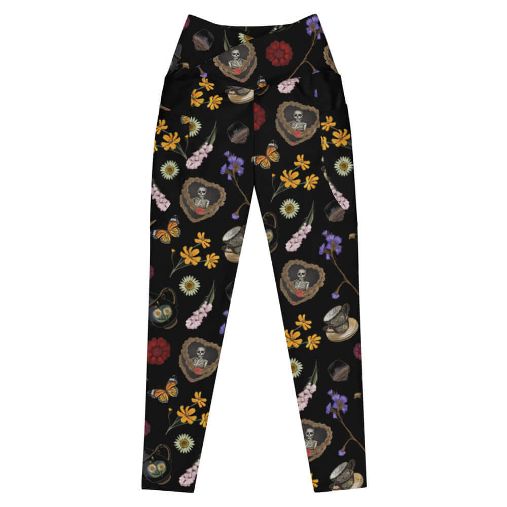 Stylish Premium Gothic Tea Time Leggings featuring floral and tea motifs, perfect for a chic gothic look.