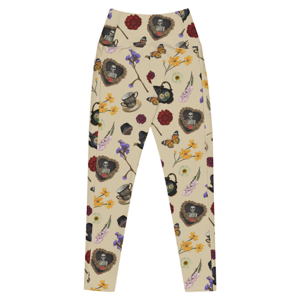 Stylish Premium Gothic Tea Time Leggings with floral and tea motif, perfect for a chic goth look.