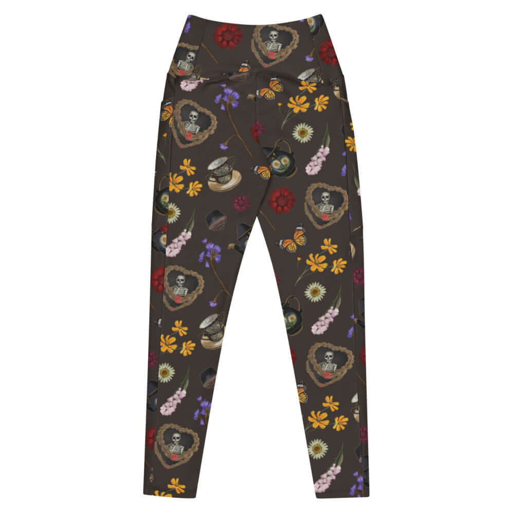 Premium Gothic Tea Time Leggings showcase a floral and tea ware design, perfect for embracing your goth style.
