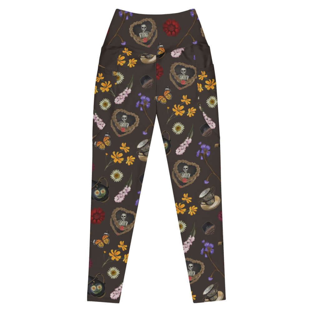 Stylish Premium Gothic Tea Time Leggings with floral and tea-themed print for a chic, comfortable look.