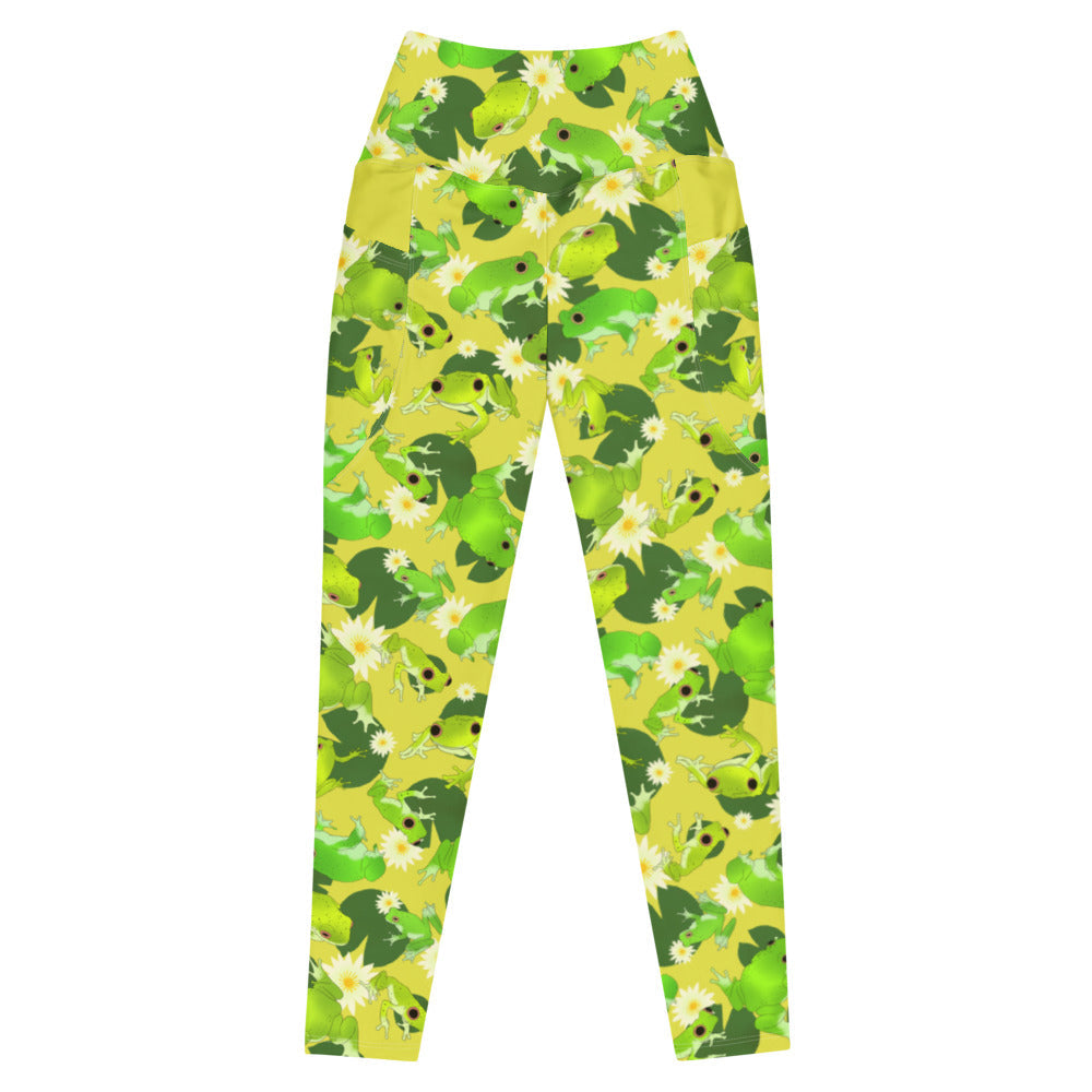 Premium Kero-kero Leggings with a vibrant frog design, high-waisted cut, and convenient side pockets for comfort.