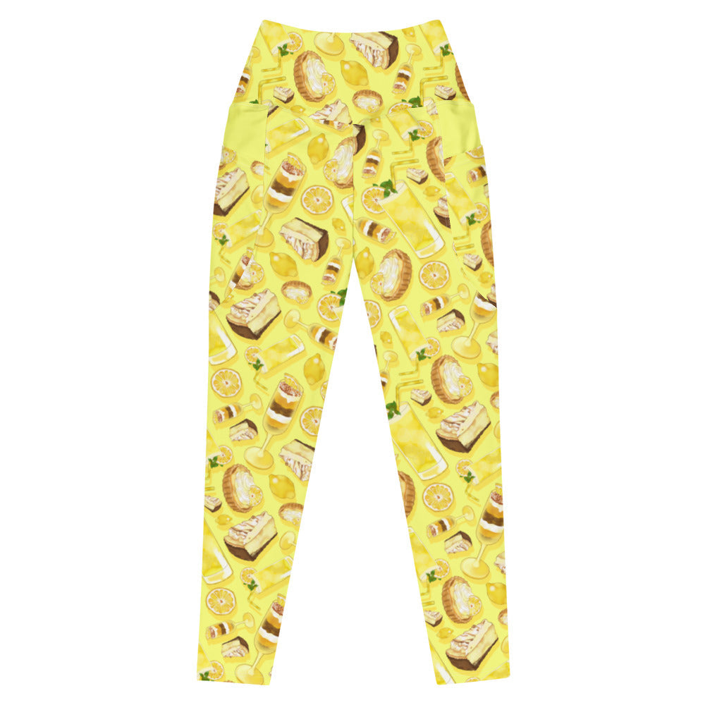 Bright and cheerful Premium Lemon Leggings with high-waisted cut and pockets, perfect for summer outings or workouts.