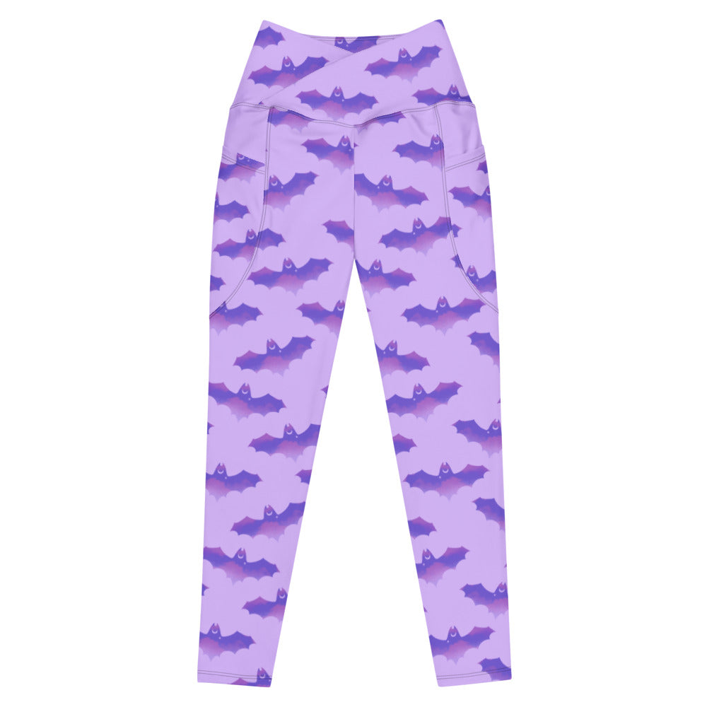 Stylish Premium Morrigan Leggings with bat print, high-waisted design, and convenient side pockets for comfort.
