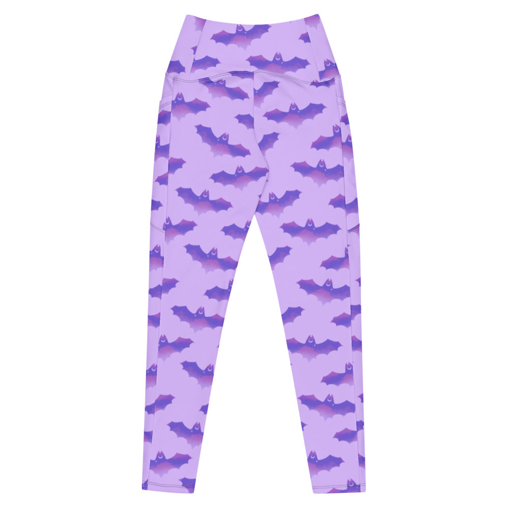 Elevate your workout style with Premium Morrigan Leggings, featuring a striking bat pattern and handy side pockets.