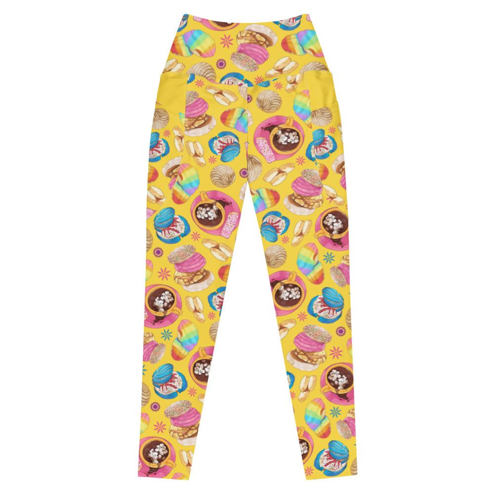Shop our Premium Pan Dulce Leggings, featuring a vibrant design of sweet treats and a comfortable high-waisted fit.