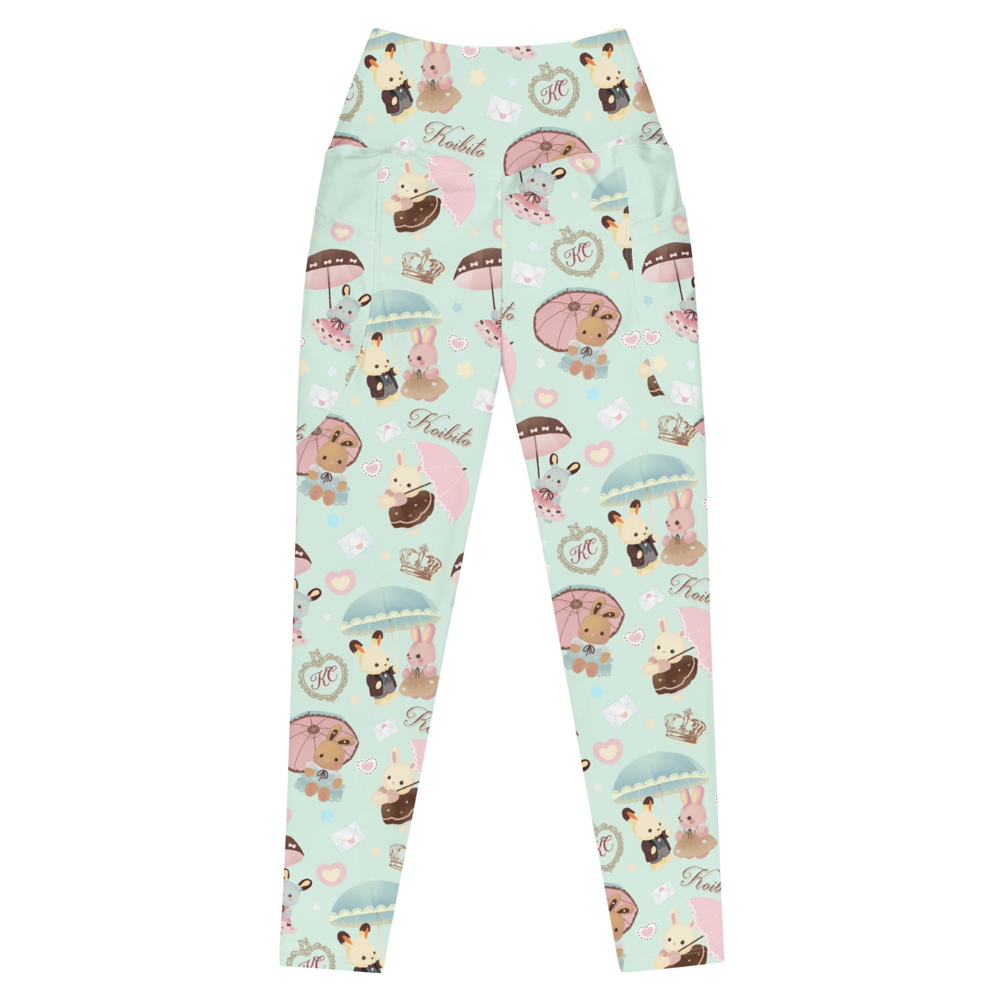 Premium Parasol Bunny Leggings in soft fabric feature adorable bunnies, high-waisted cut, and convenient side pockets.