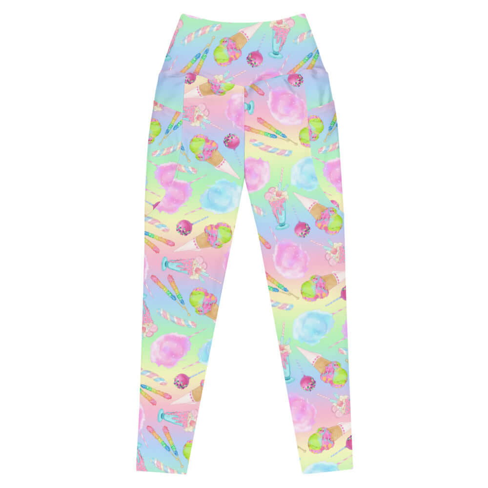 Discover the stylish Premium Rainbow Candy Leggings, featuring a fun dessert print and practical side pockets.